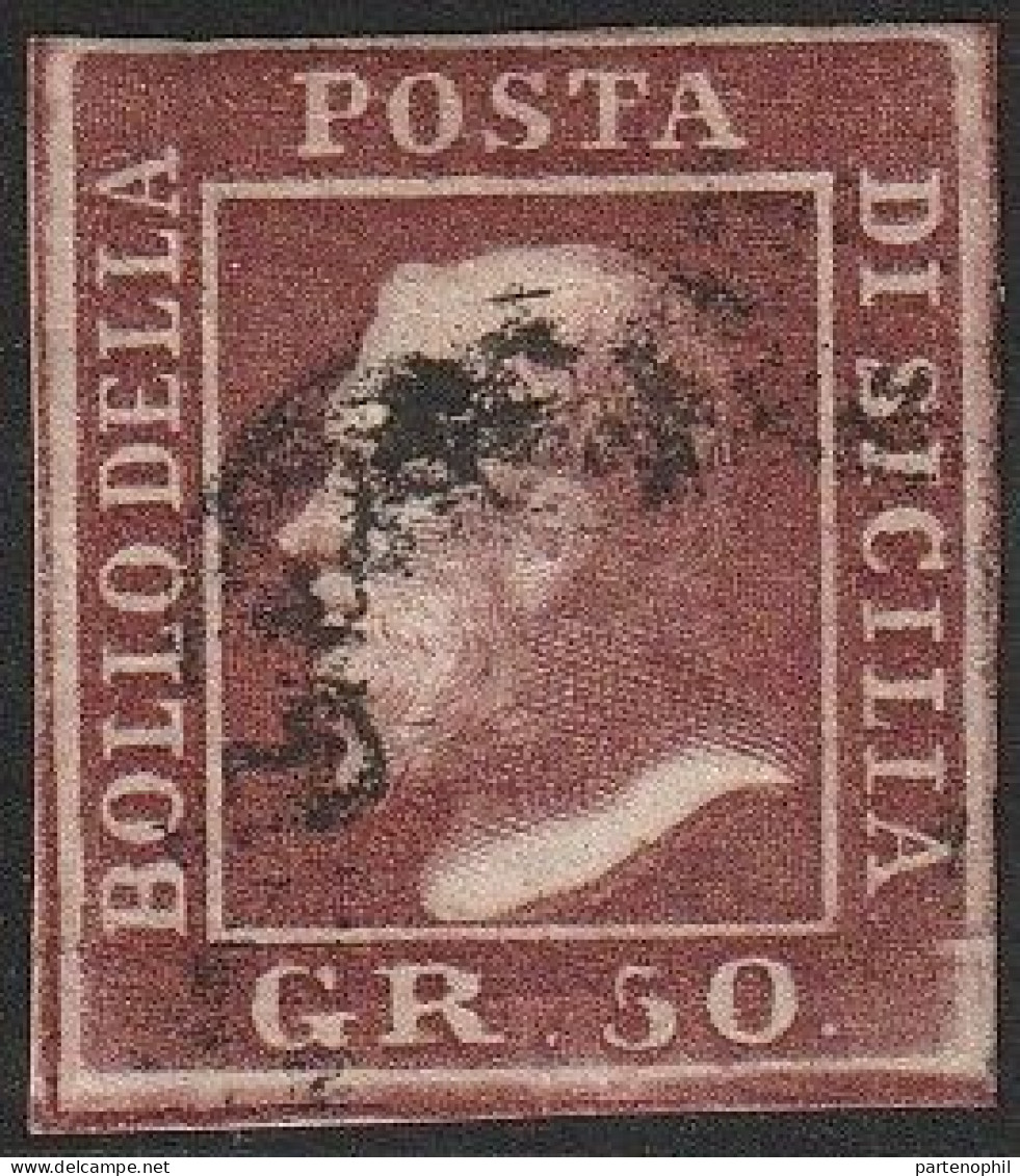 54 - Sicilia 1859 - 50 Gr. Lacca Bruno N. 14. Firmato E. E A. Diena, Oliva. Cert. Cilio. Cat. € 12000,00. Molto Bello, - Sizilien