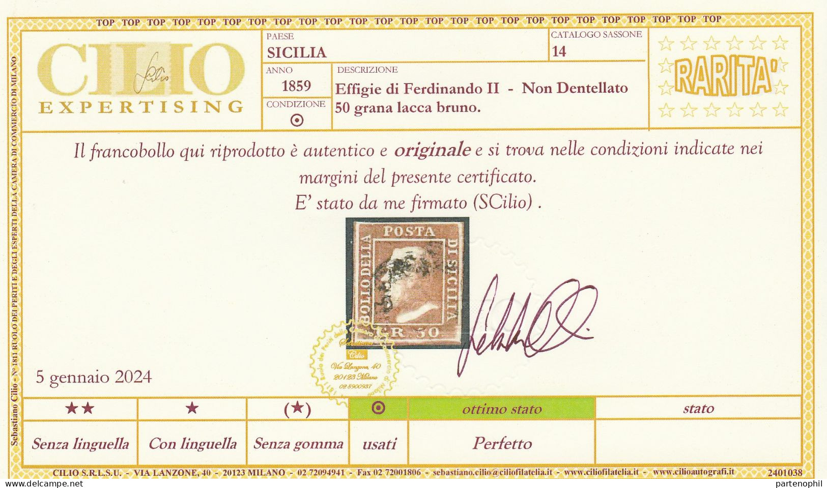 54 - Sicilia 1859 - 50 Gr. Lacca Bruno N. 14. Firmato E. E A. Diena, Oliva. Cert. Cilio. Cat. € 12000,00. Molto Bello, - Sizilien