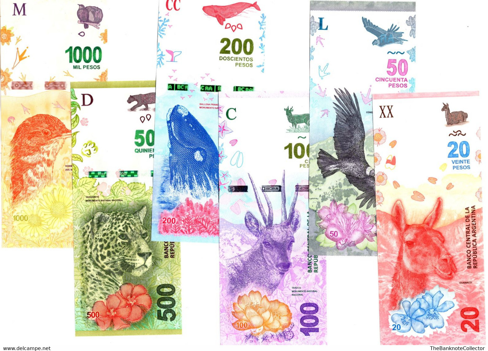 ARGENTINA 20 50 100 200 500 AND 1000 PESOS NATIVE ANIMAL SERIES 7 PIECES BANKNOTES SET UNCIRCULATED - Argentine