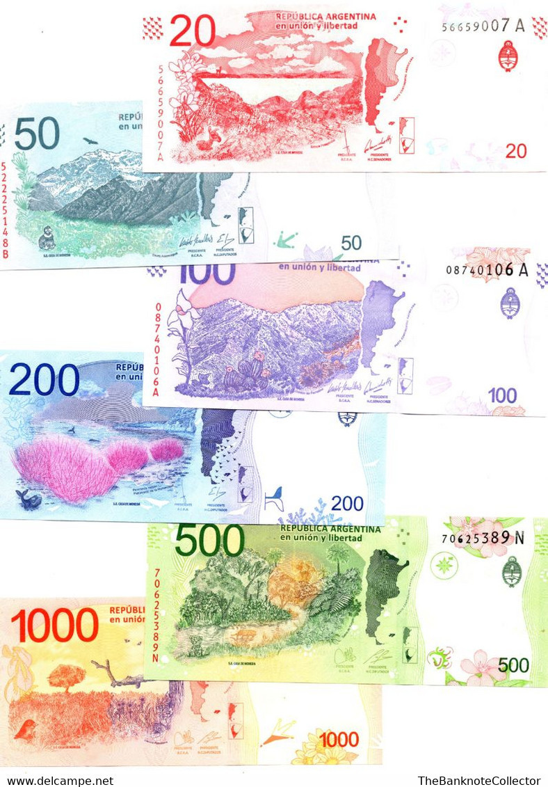 ARGENTINA 20 50 100 200 500 AND 1000 PESOS NATIVE ANIMAL SERIES 7 PIECES BANKNOTES SET UNCIRCULATED - Argentinien