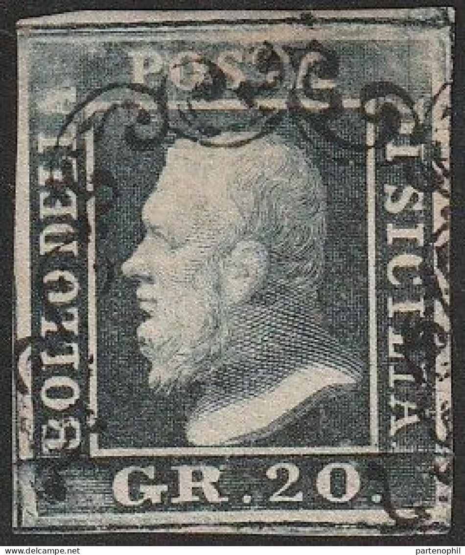 53 - Sicilia 1859 - 20 Gr. Azzurro Grigio Ardesia N. 13. Cert. Cilio. Cat. € 1650,00. SPL - Sicilia