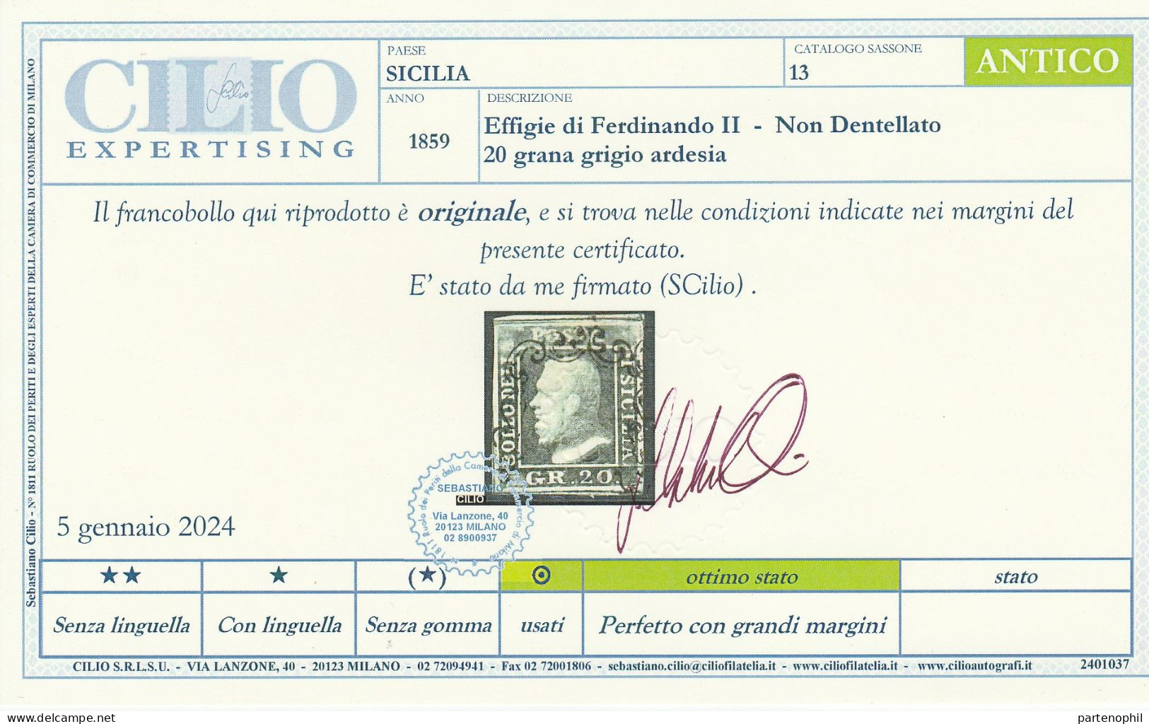 53 - Sicilia 1859 - 20 Gr. Azzurro Grigio Ardesia N. 13. Cert. Cilio. Cat. € 1650,00. SPL - Sizilien