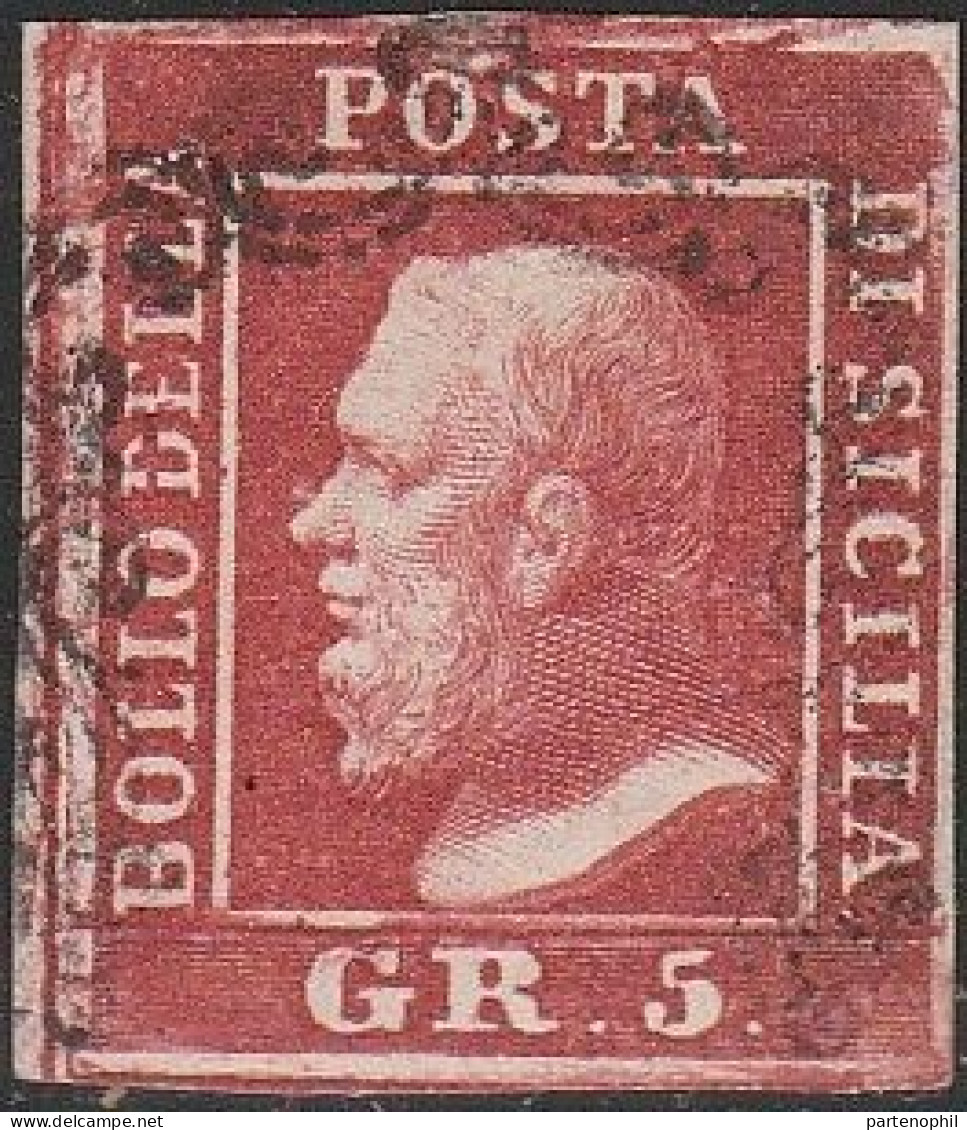 50 - Sicilia 1859 - 5 Gr. Rosso Sangue N. 9c. Cert. SPC. Cat. € 2000,00. SPL - Sicilia