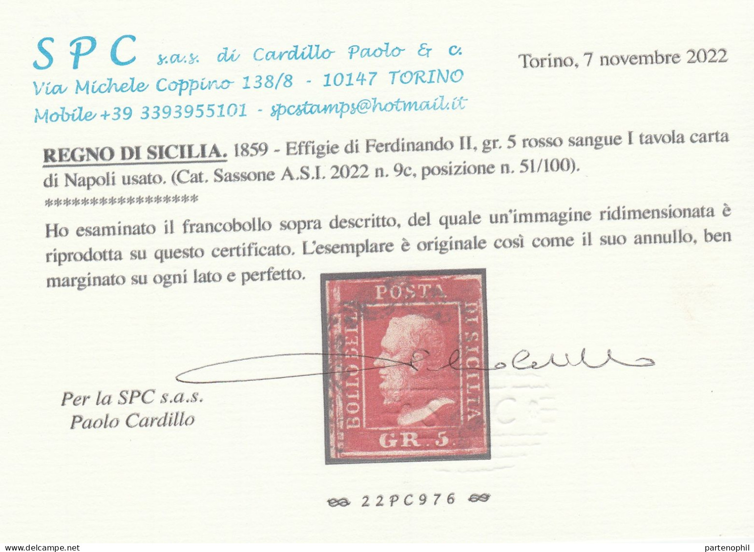 50 - Sicilia 1859 - 5 Gr. Rosso Sangue N. 9c. Cert. SPC. Cat. € 2000,00. SPL - Sicilië