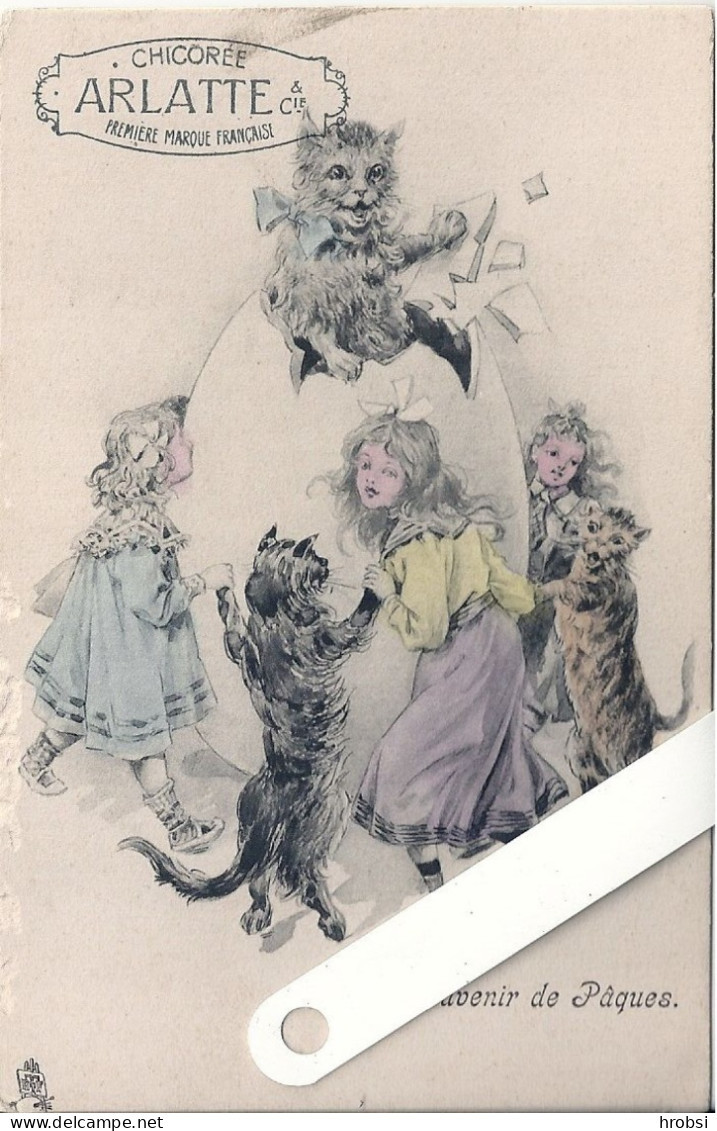 Illustrateur Kauffmann Paul, Enfants Chats, Joyeuses Pâques, Pub Chicorée Arlatte, Couleurs, Edition TUCK - Kauffmann, Paul