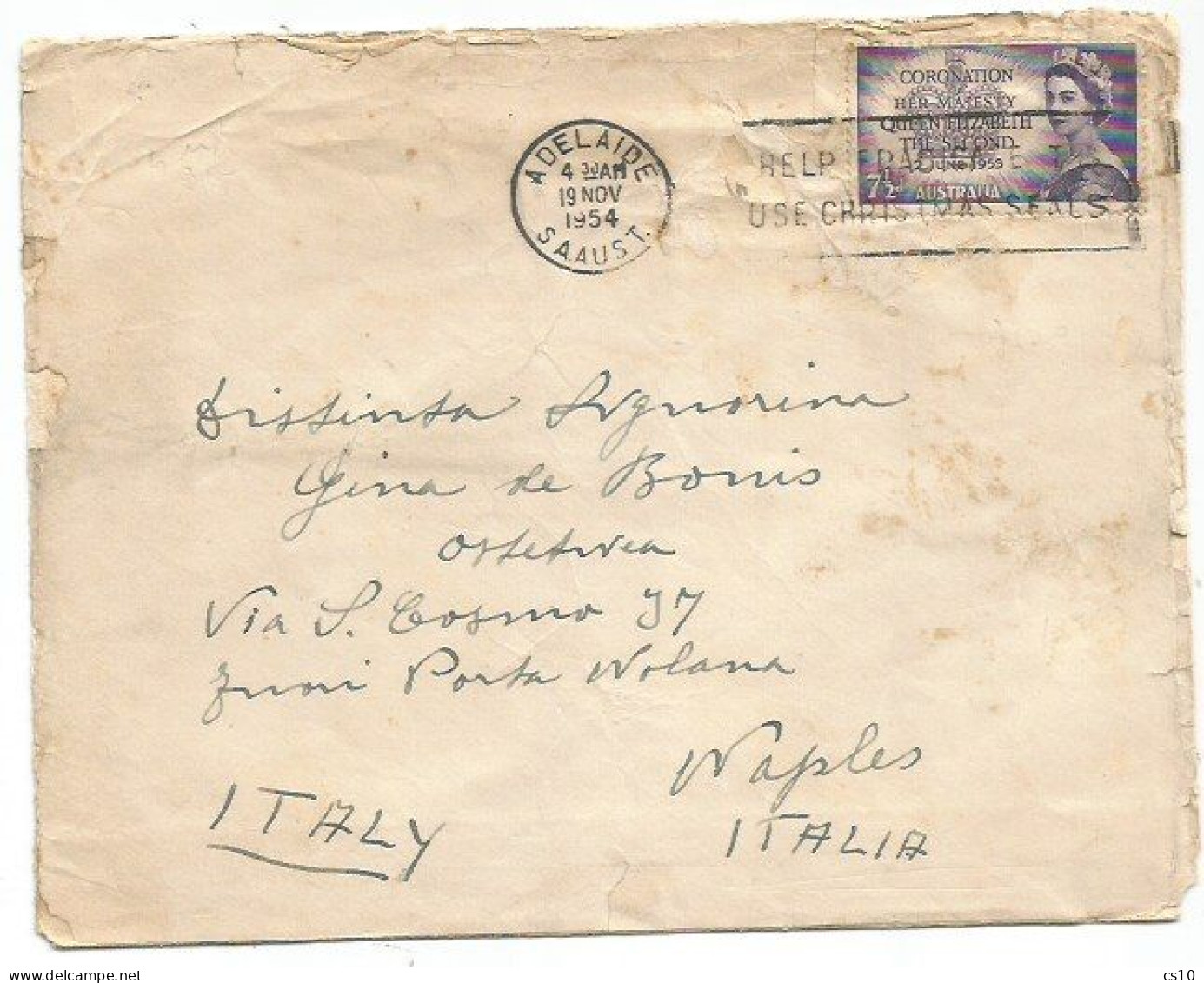 Australia Coronation Day 1953 D.7.1/2 Solo Franking AirmailCV Adelaide 19nov1954 To Italy - Storia Postale