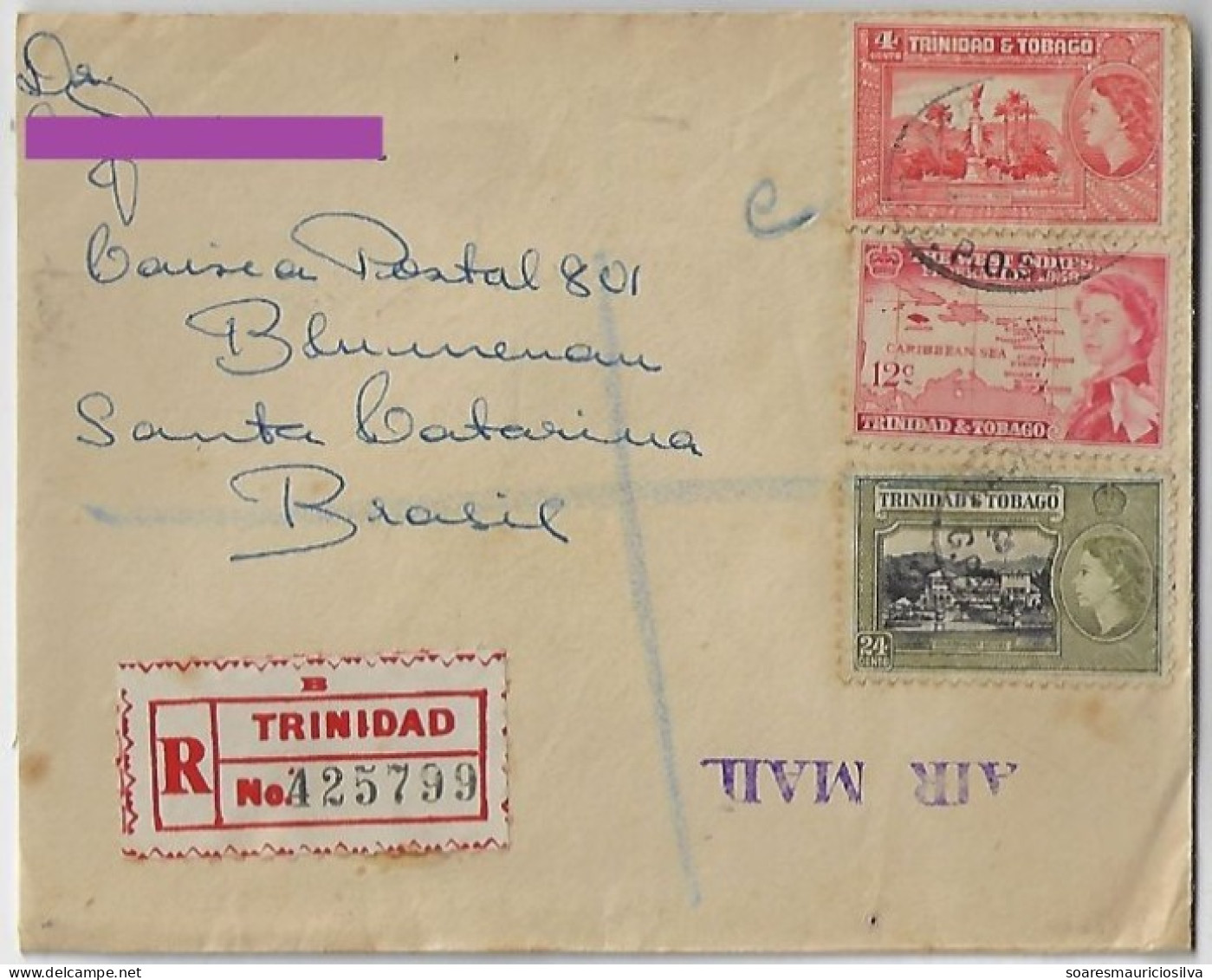 Trinidad & Tobago 1960 Registered Airmail Cover To Blumenau Brazil Queen Elizabeth II & Landscape Stamp 4+12+24 Cents - Trinidad & Tobago (...-1961)