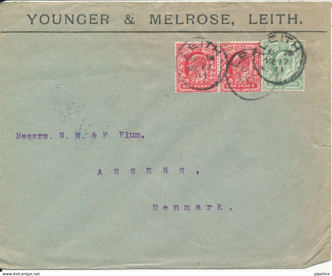 Great Britain Cover Sent To Denmark Leith 17-2-1911 (Younger & Melrose Leith) - Sin Clasificación