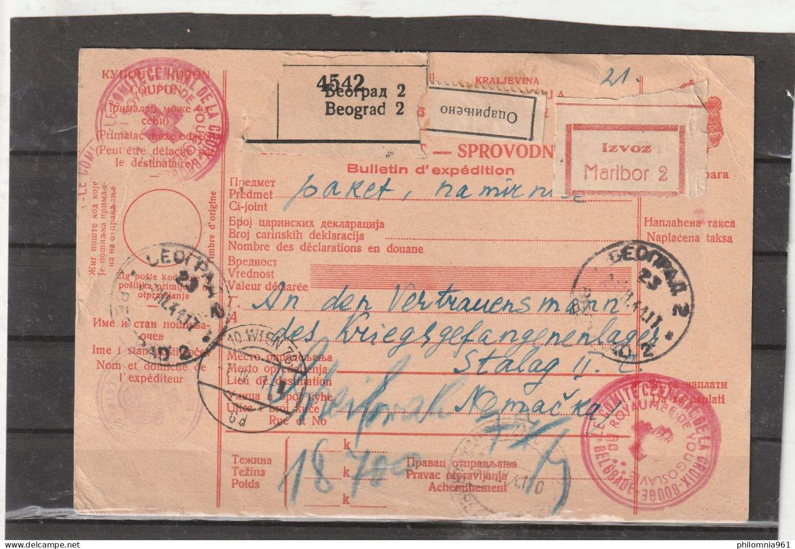 Yugoslavia RED CROSS PARCEL CARD Beograd To POW Germany 1941 - Storia Postale