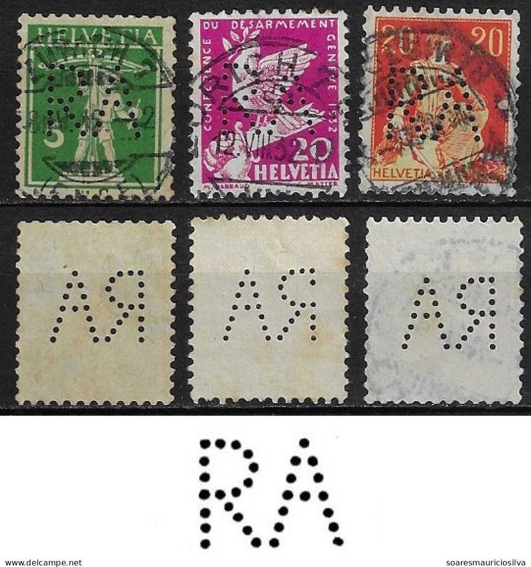 Switzerland 1914/1937 3 Stamp Perfin RA By Schweiz. Lebensversicherungs- Und Rentenanstalt From Zurich Lochung Perfore - Perfins