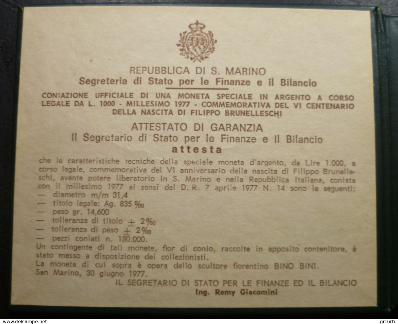 San Marino - 1.000 Lire 1977 - 600 Nascita Filippo Brunelleschi - Gig. 181 - KM# 72 - Saint-Marin