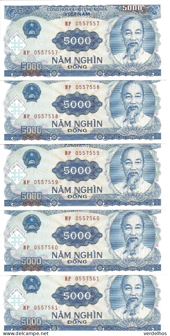 VIET NAM 5000 DONG 1991 UNC P 108 ( 5 Billets ) - Viêt-Nam