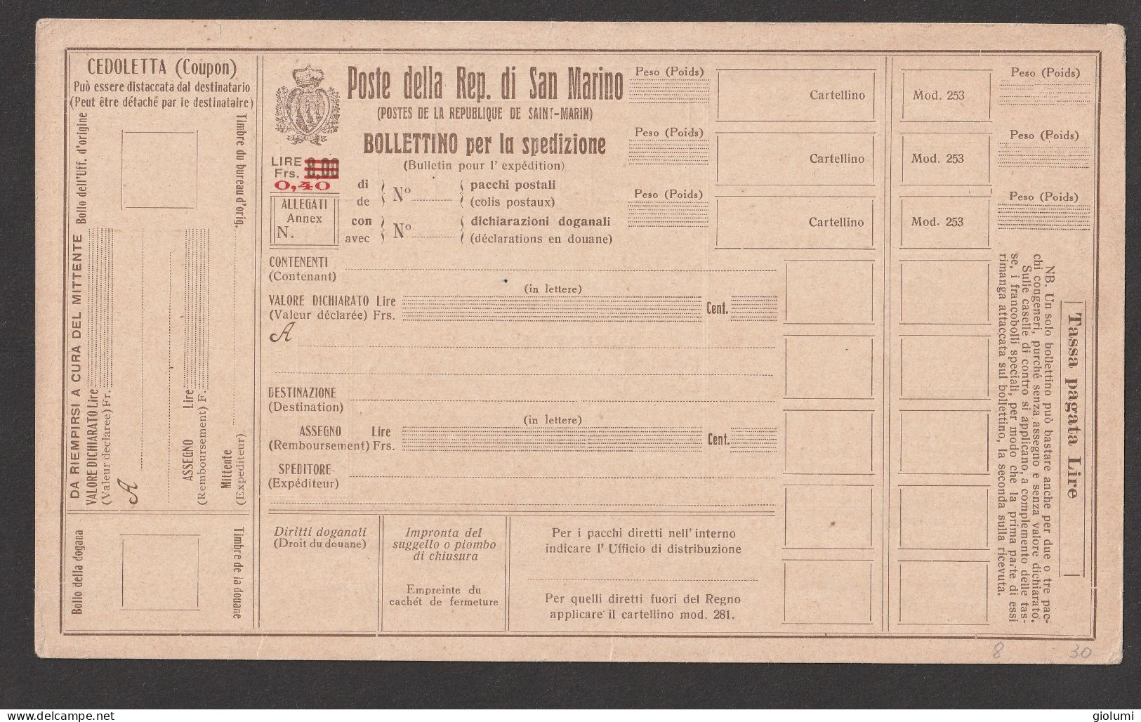 SAN MARINO Modulo Pacchi (parcell) Nuovo P13 Anno 1923 Nuovo - Interi Postali