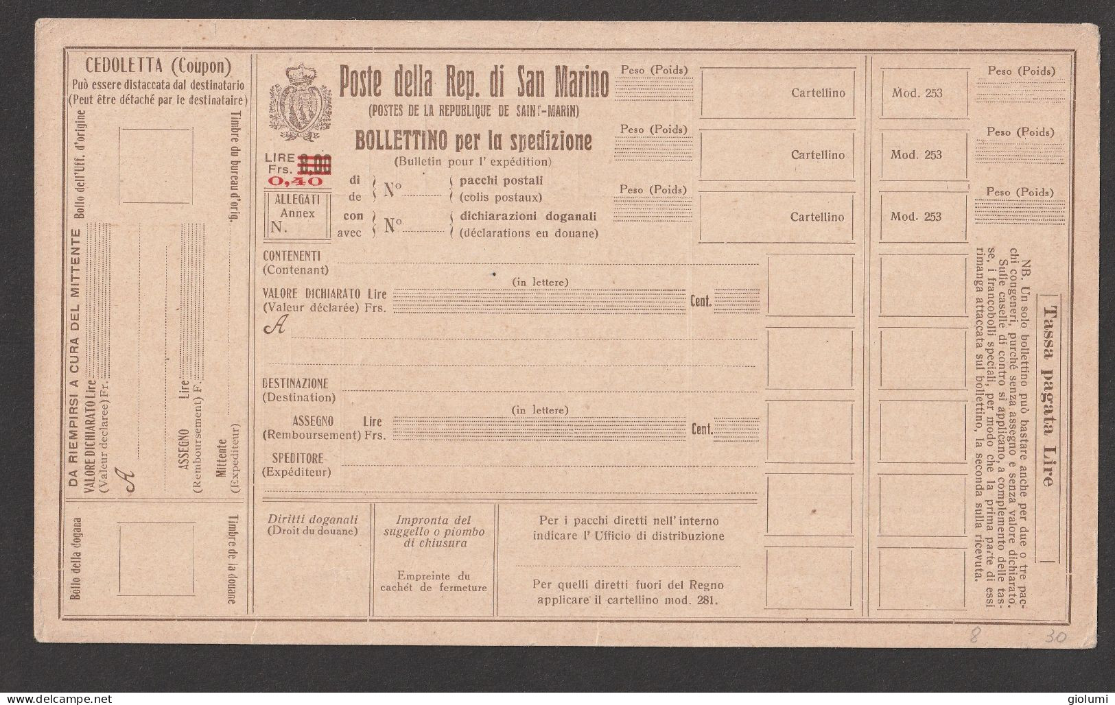 SAN MARINO Modulo Pacchi (parcell) Nuovo P13 Anno 1923 Nuovo - Entiers Postaux