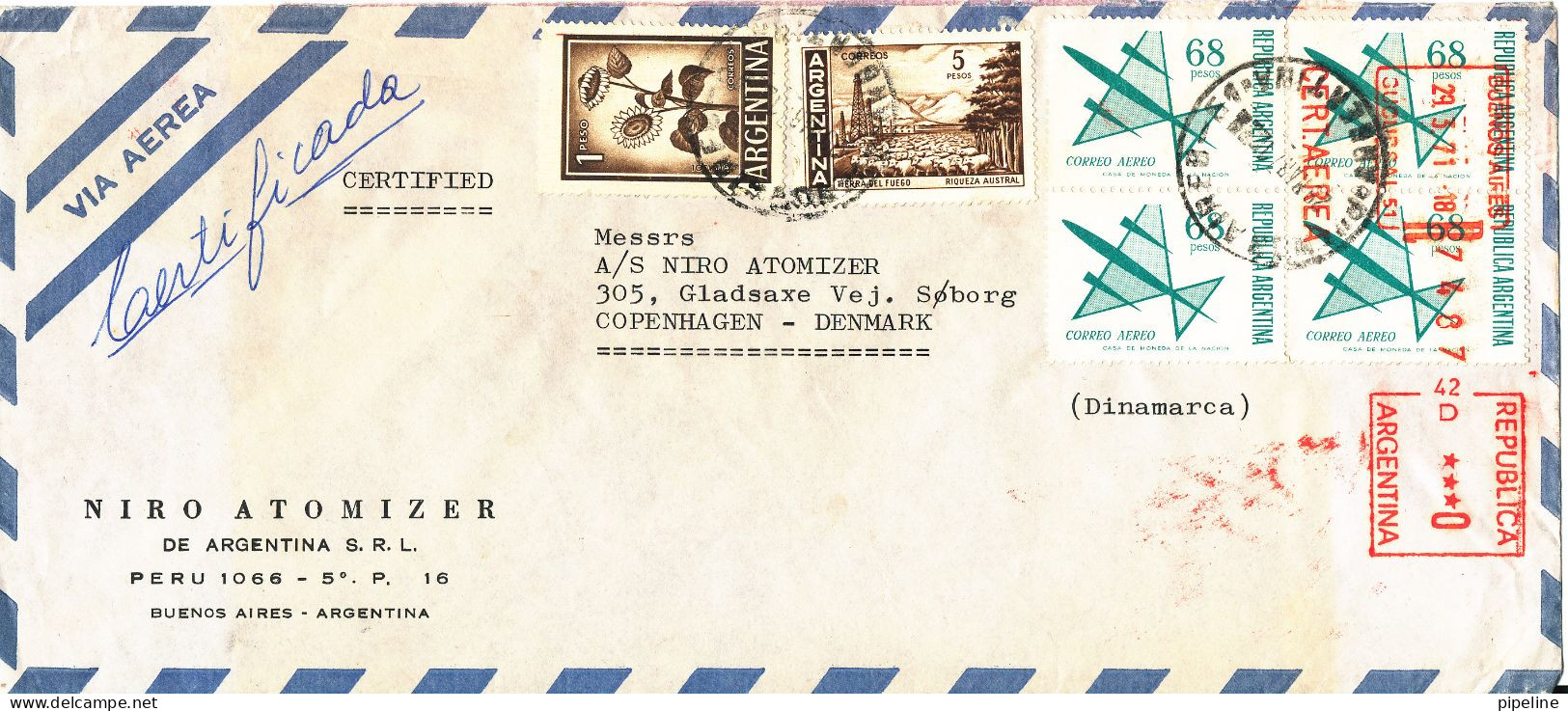 Argentina Registered Air Mail Cover With Stamps And Red Meter Cancel Sent To Denmark 29-3-1971 - Luchtpost