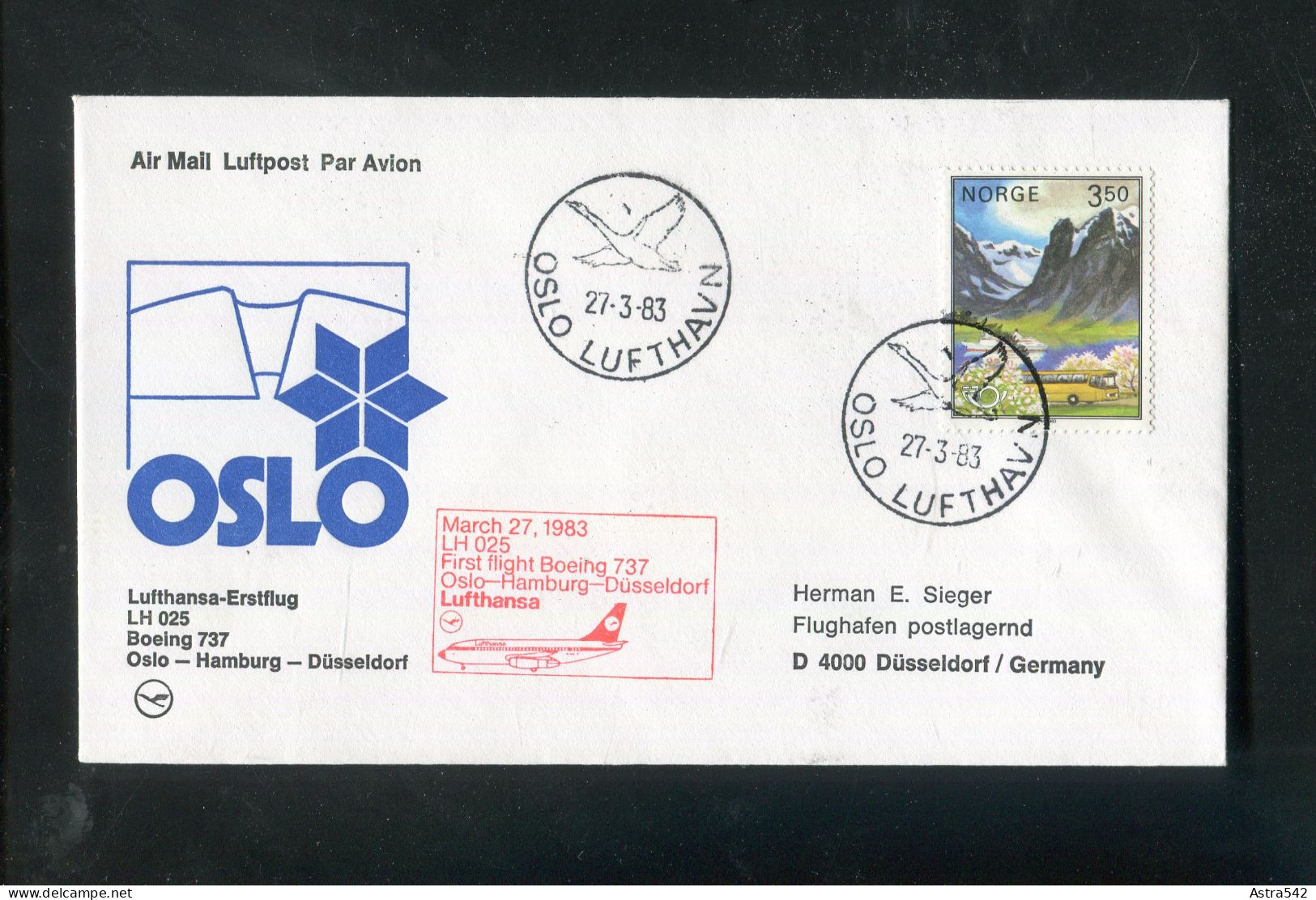 "NORWEGEN" 1983, Erstflugbrief LH 025 Mit Boeing 737 "Oslo-Duesseldorf" (50014) - Lettres & Documents