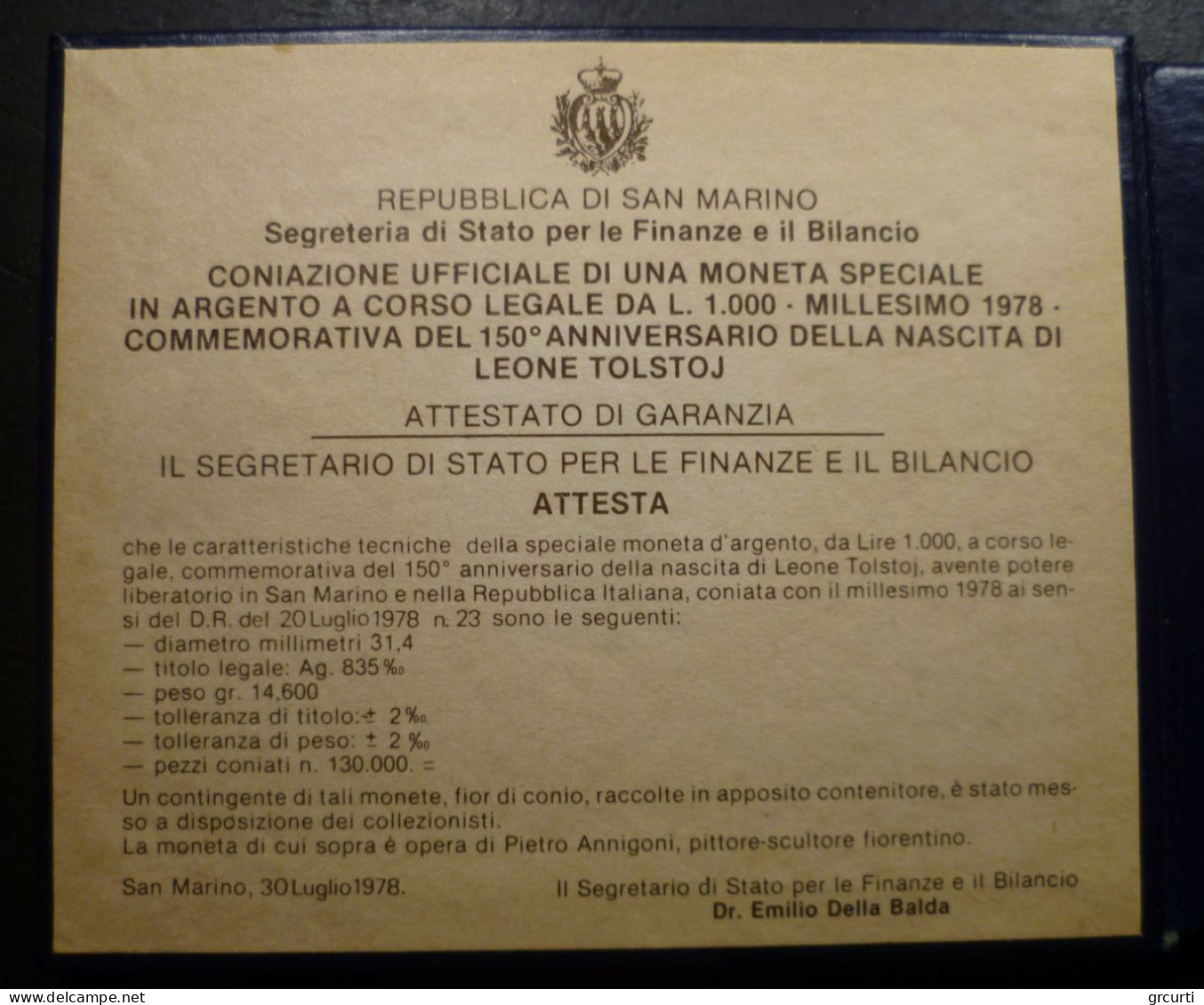 San Marino - 1.000 Lire 1978 - 150 Nascita Lev Nikolaevic Tolstoj - Gig. 182 - KM# 85 - Saint-Marin