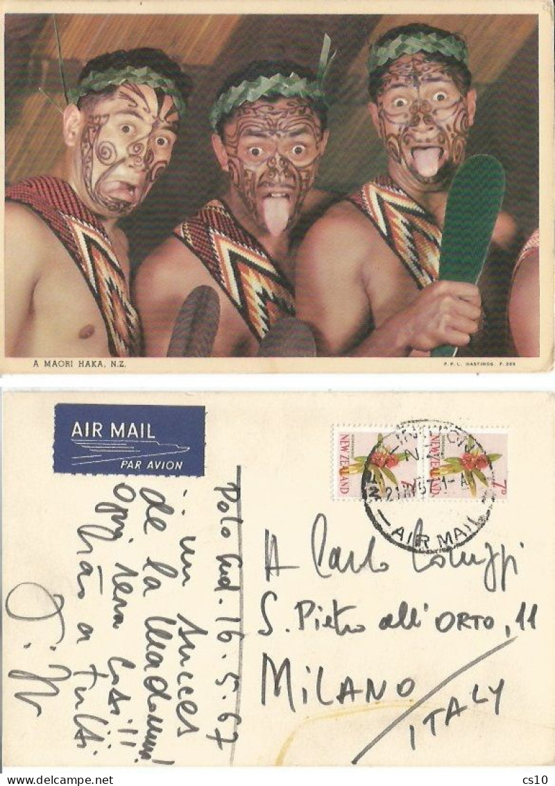 New Zealand Haka Maori Tribal Warriors Color Pcard Wellington 21may1957 With Koromiko Flowers D.7 Vertical Pair X Italy - Covers & Documents