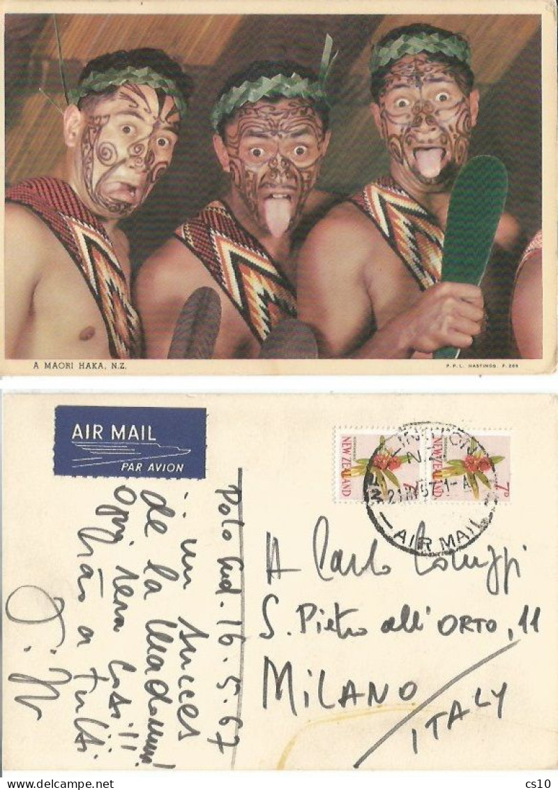 New Zealand Haka Maori Tribal Warriors Color Pcard Wellington 21may1957 With Koromiko Flowers D.7 Vertical Pair X Italy - Nouvelle-Zélande