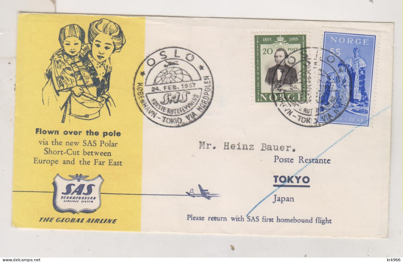 NORWAY 1957 Nice Airmail Cover To JAPAN First Flight OSLO-TOKYO - Cartas & Documentos