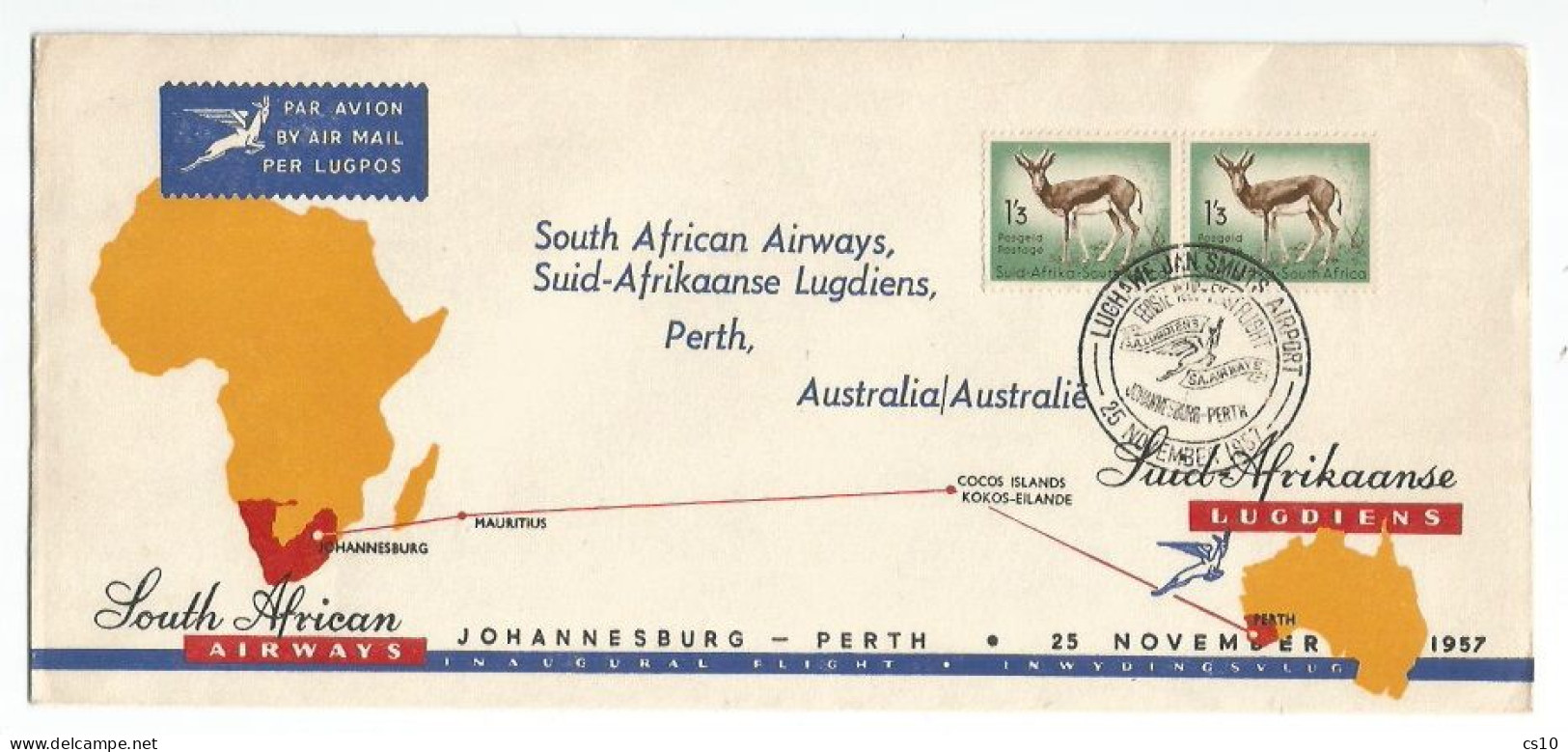 South Africa Airways 25nov1975 First Flight Johannesburg Perth (G.P.O. 26nov57) With Anetlope 1S3 In Horizonthal Pair - Airmail