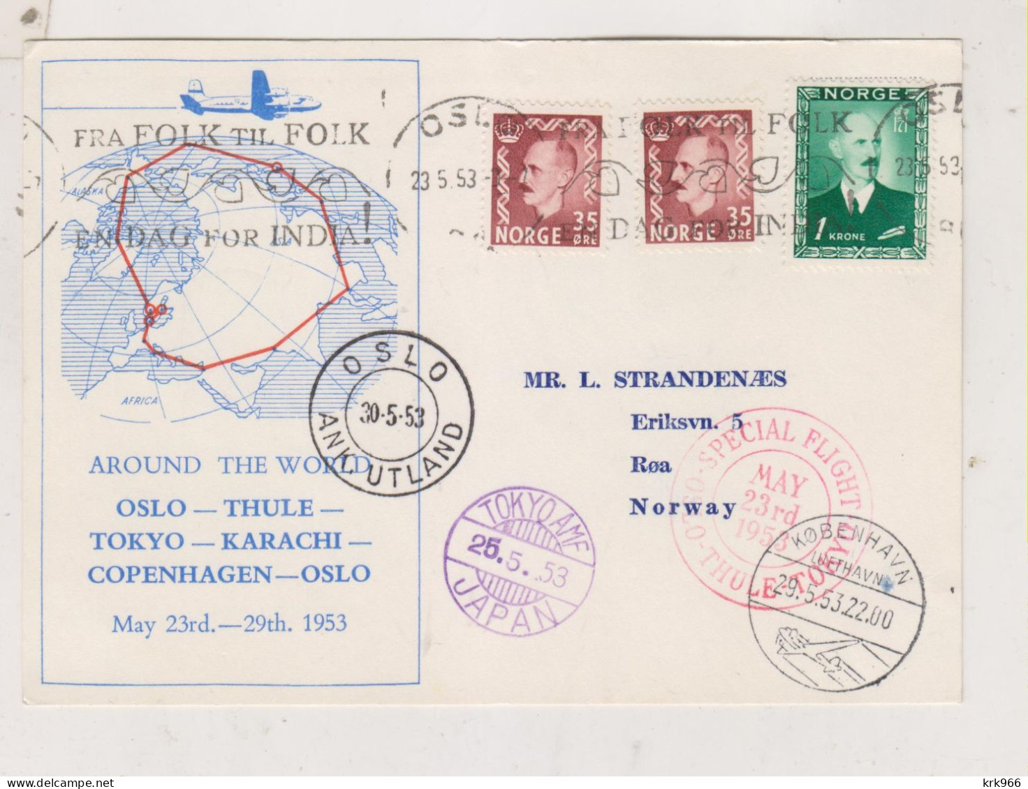 NORWAY 1953 Nice Airmail Postcard  Around The World Flight OSLO-THULE-TOKYO-KARACHI-COPENHAGEN-OSLO - Cartas & Documentos