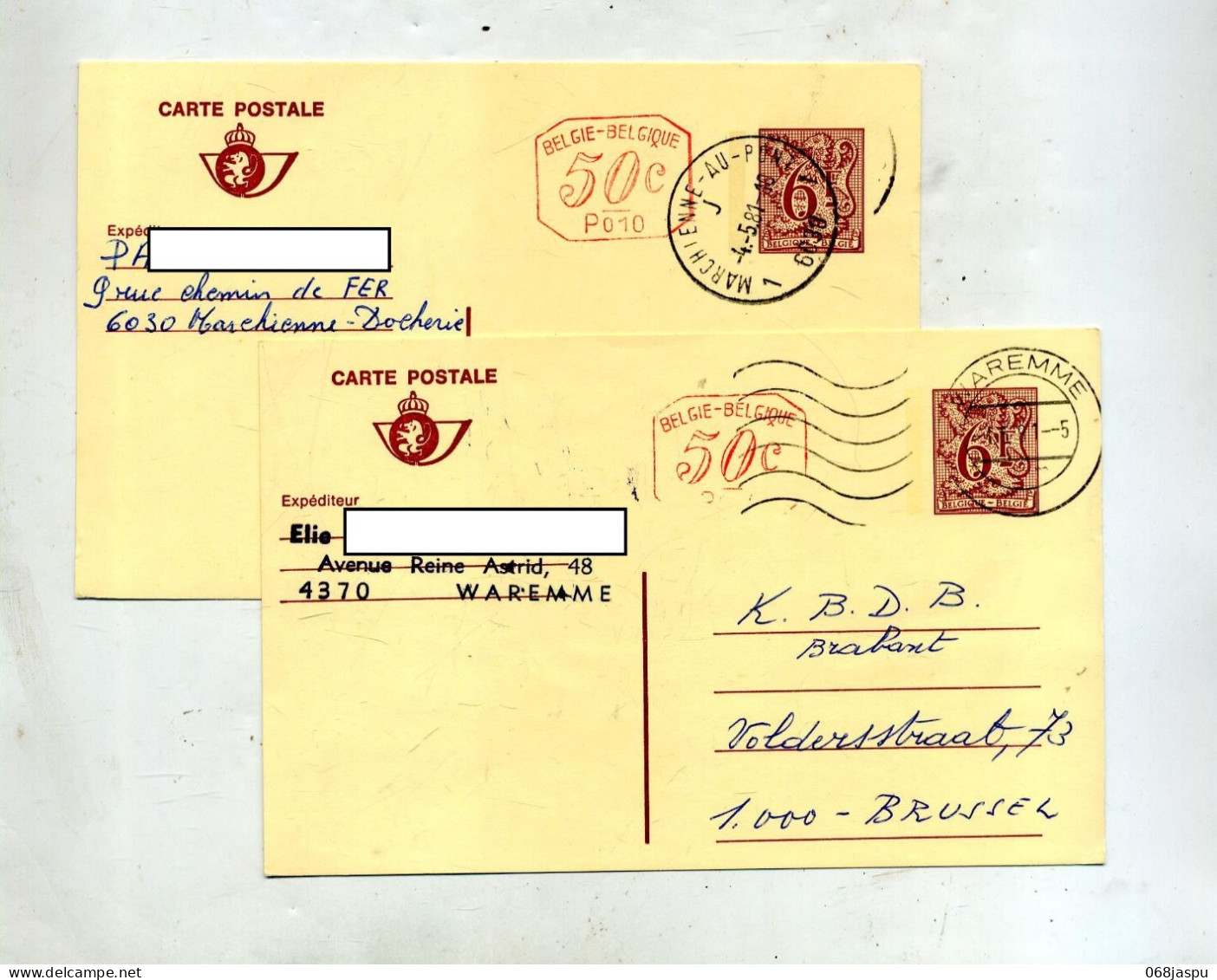 Carte Postale 6f Lion + Complement 50 C Flamme Waremme Cachet Marchienne - Cartes Postales 1951-..