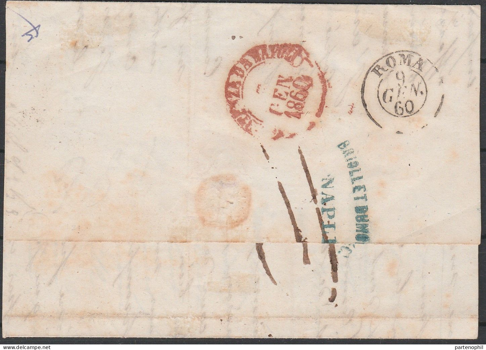 4 - Napoli Piego Di Lettera Da Napoli Per Roma Del 7.1.1860, Affrancata Con 5 Gr. Carminio Rosa II Tavola N. 9 + 10 Gr. - Naples