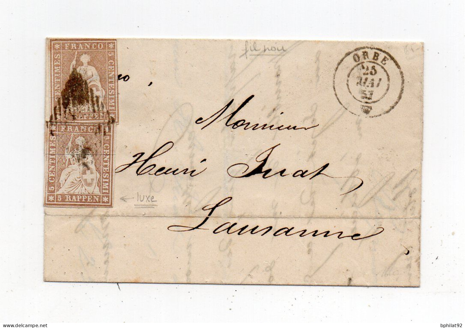 !!! SUISSE, LETTRE D'ORBE DE 1857 POUR LAUSANNE, AFFRANCH SUPERBE - Lettres & Documents