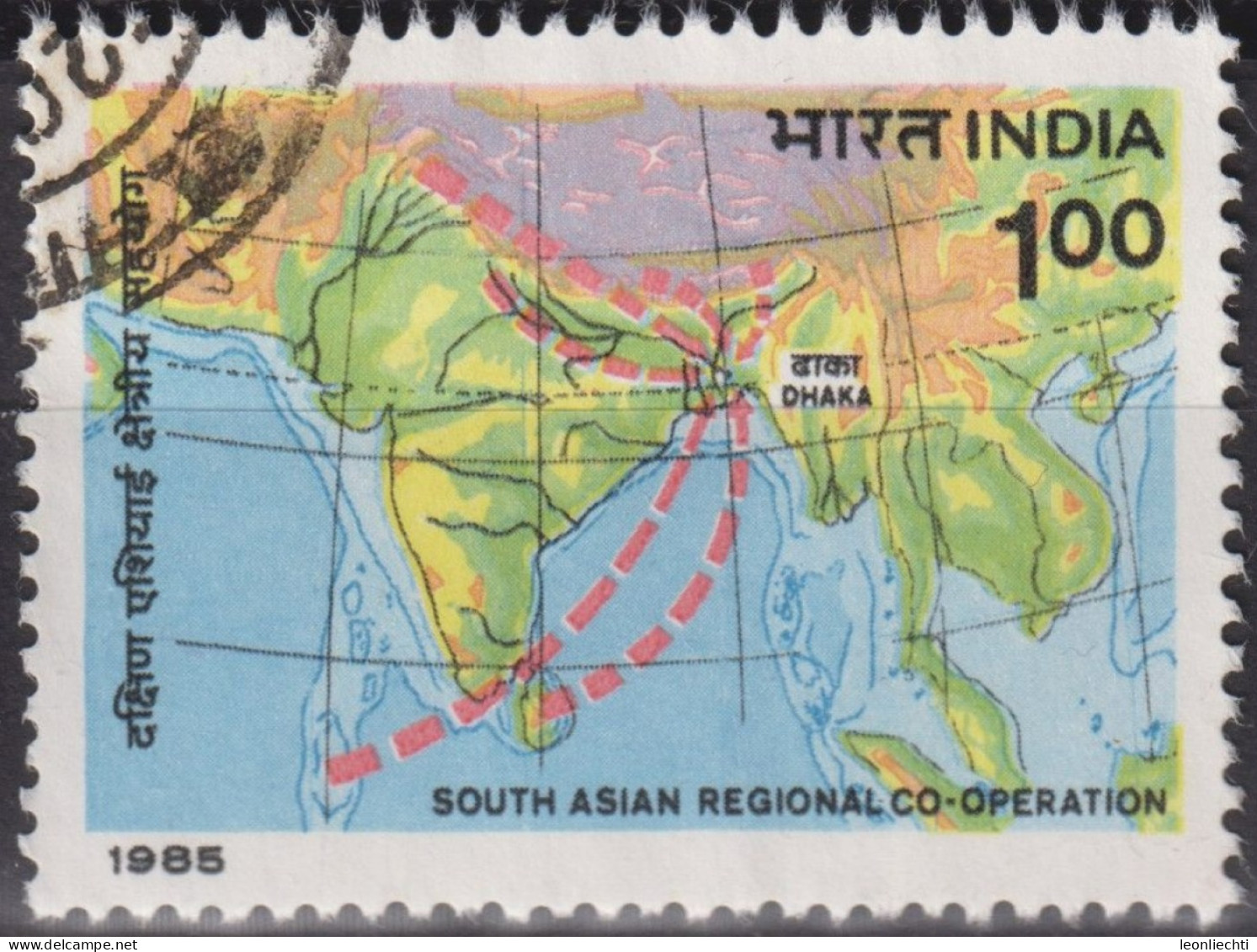 1985 Indien ° Mi:IN 1038, Sn:IN 1104,Yt:IN 853,Map Showing Member States,First South Asian Regional Cooperation Meeting - Used Stamps