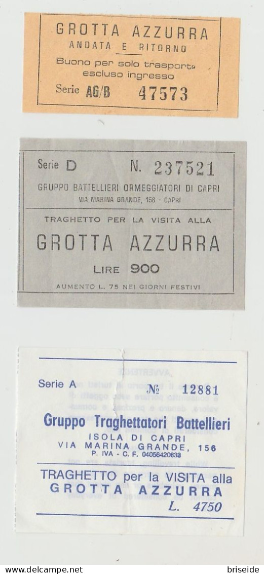 N. 3 BIGLIETTI  1977 1988 GROTTA  AZZURRA CAPRI NAPOLI GRUPPO BATTELLIERI ORMEGGIATORI DI CAPRI - Europa