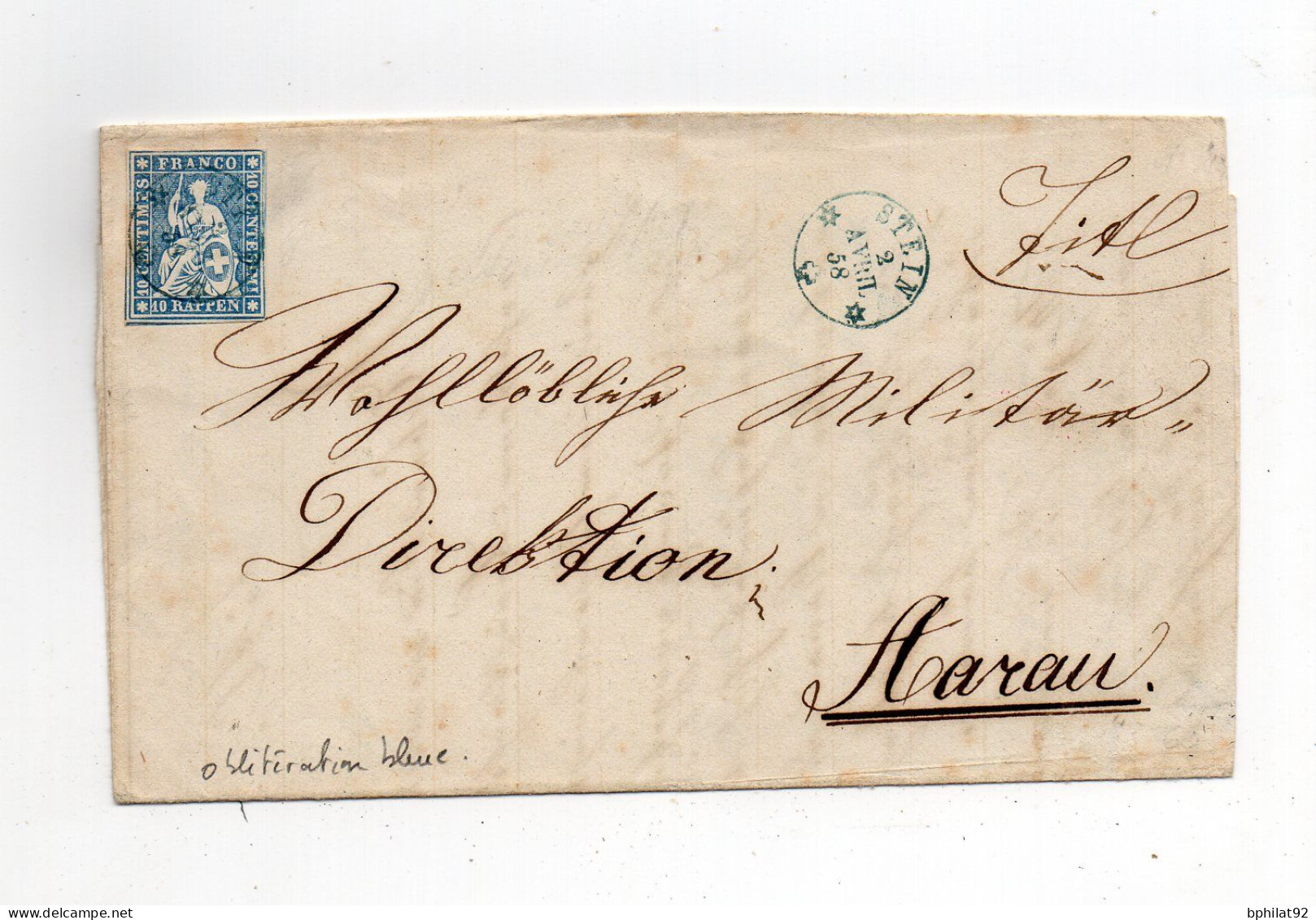 !!! SUISSE, LETTRE DE 1858 POUR AARAU, CACHET BLEU DE STEIN - Lettres & Documents