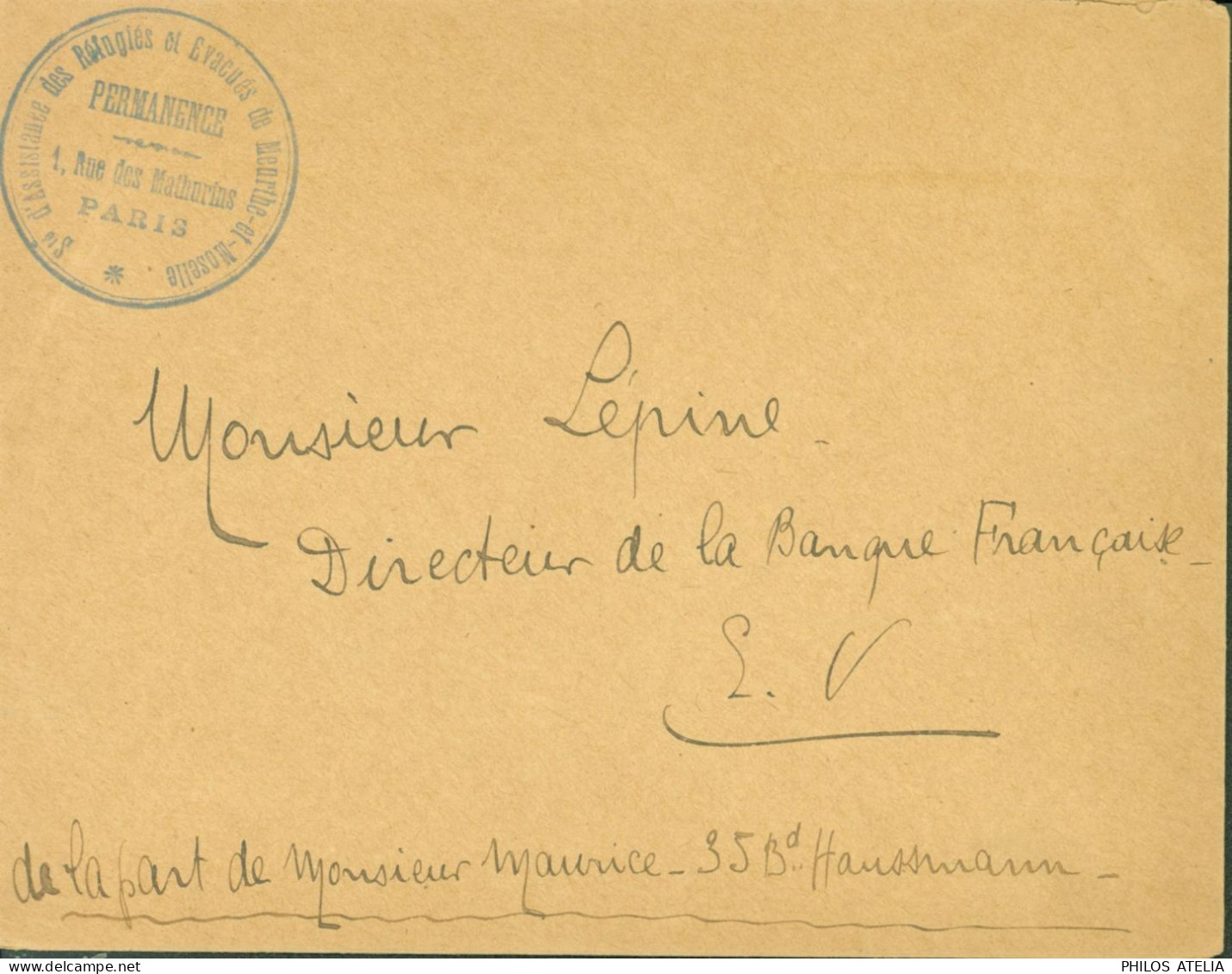 Guerre 14 Franchise Société D'assistance Des Réfugiés Et évacués De Meurthe Et Moselle Permamence 1 R Mathurins Paris - Guerra De 1914-18
