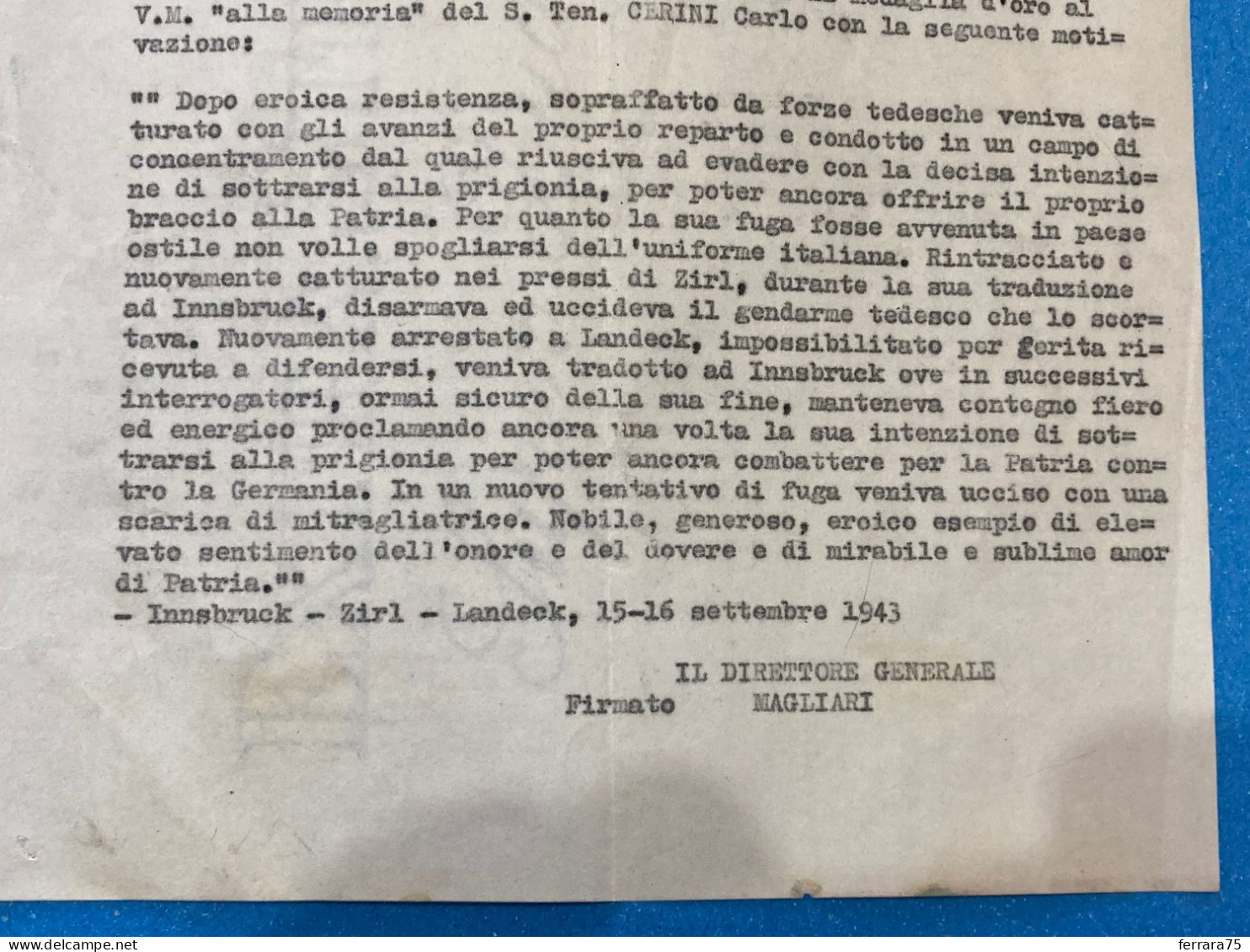 WW2 LETTERA ENCOMIO MEDAGLIA D'ORO GENERALE CORPO D'ARMATA TABELLINI UGO INNSBRUCK. - Documenti