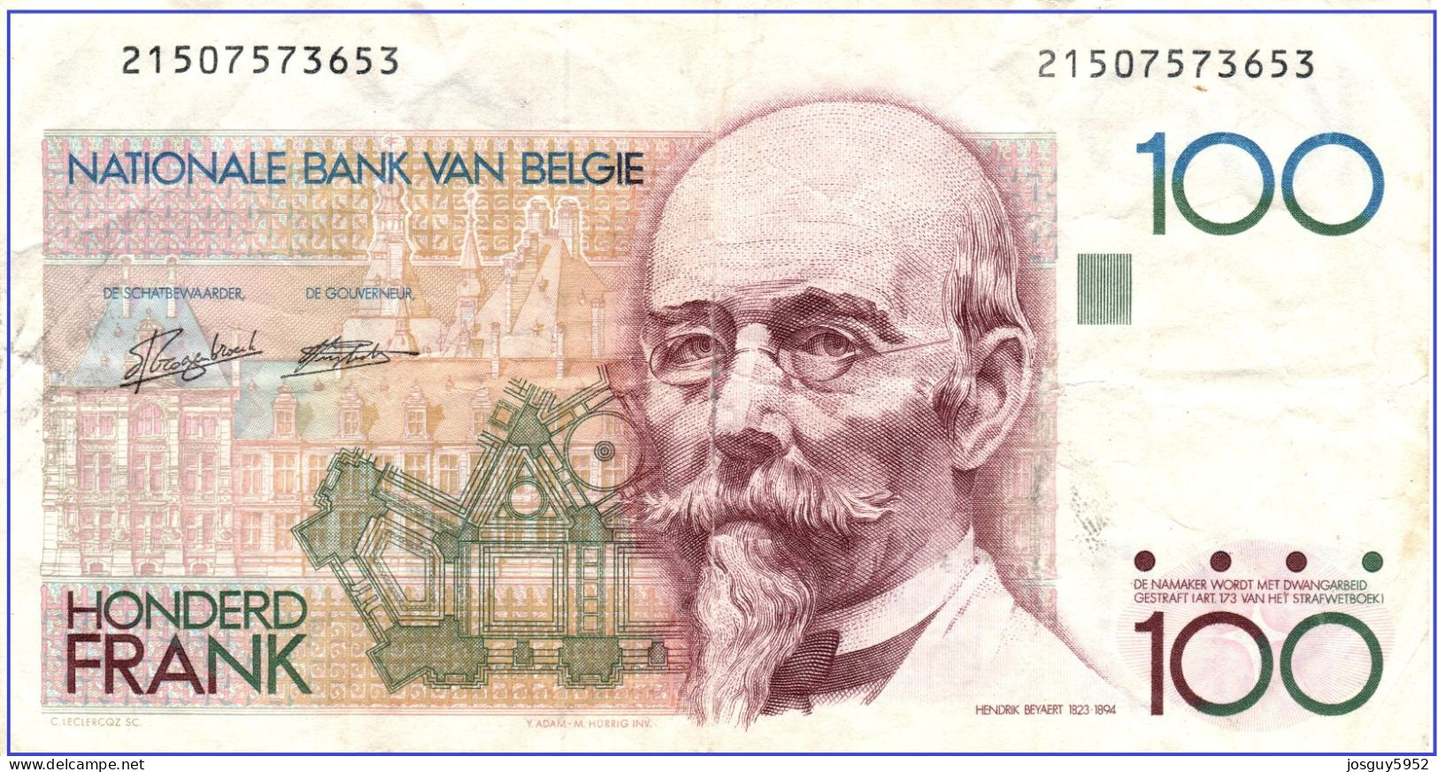 BELGIE - 100 FRANK - 1978 - 1981 - Nr 21507573653 - HENDRIK REYAERT - 100 Frank