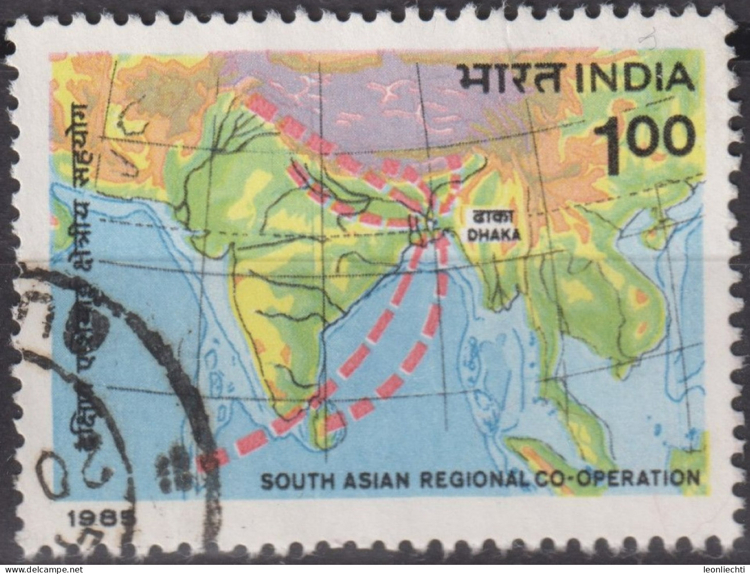 1985 Indien ° Mi:IN 1038, Sn:IN 1104,Yt:IN 853,Map Showing Member States,First South Asian Regional Cooperation Meeting - Gebruikt