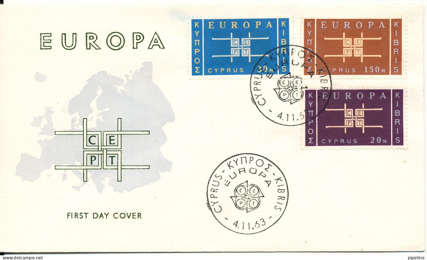 Cyprus Republic FDC 4-11-1963 EUROPA CEPT Complete Set Of 3 With Cachet - 1963