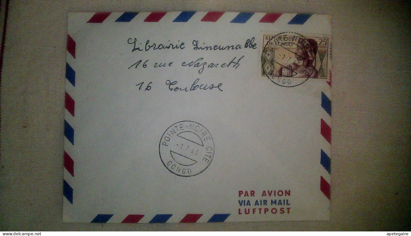 Timbre Congo-Brazzaville  Poste Aérienne Enveloppe  Ayant Voyagée PointeNoire Citè   (Congo)  / Toulouse 1962 - Oblitérés
