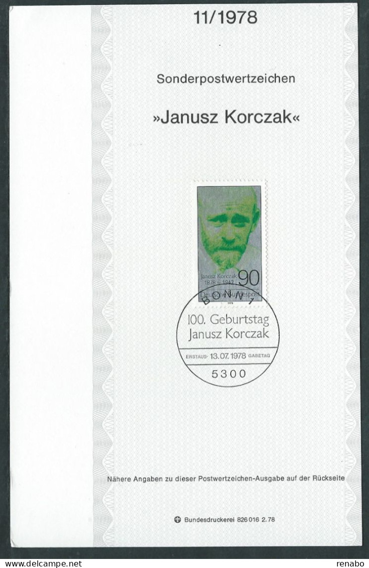 Deutschland, Germany. Germania, Allemagne 1978; Janusz Korczak; FDC Con Foglio Ritagliato. - Sonstige & Ohne Zuordnung