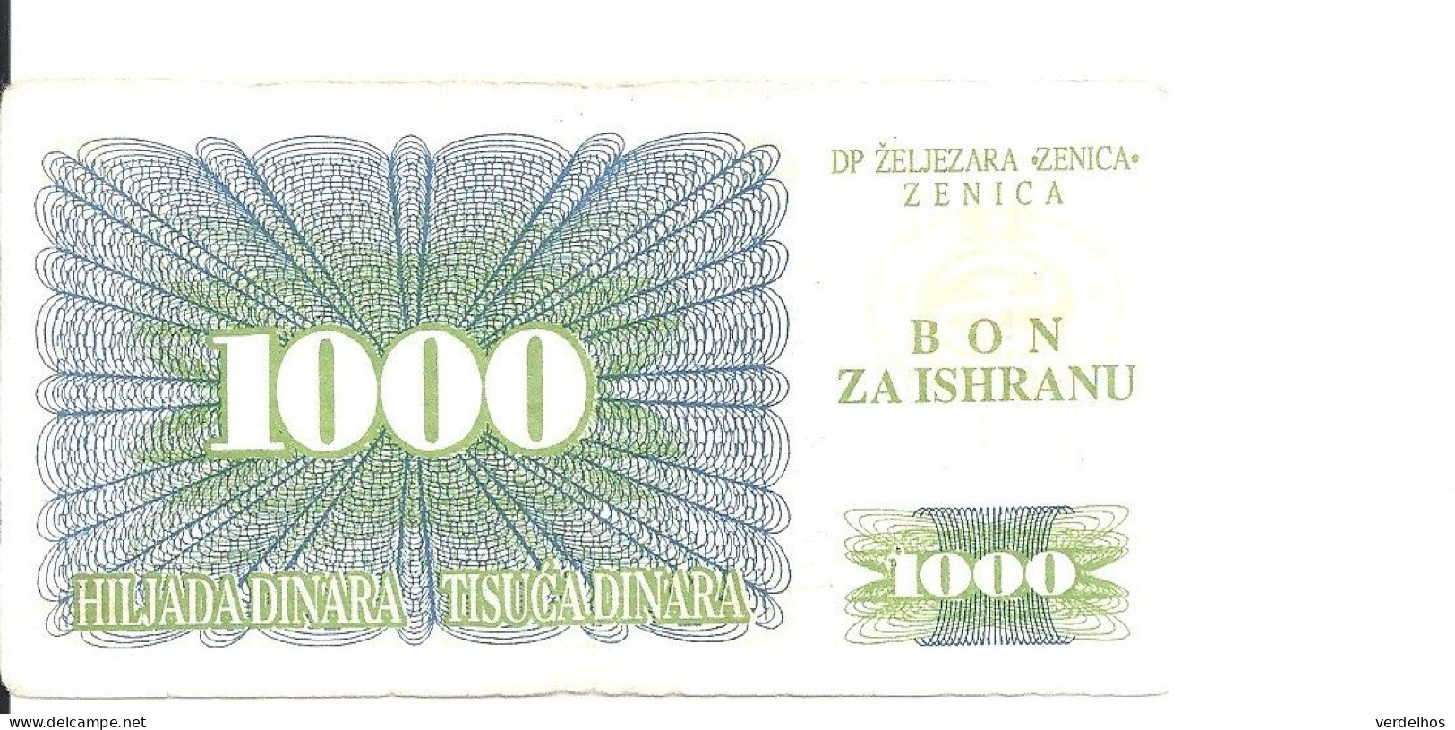 BOSNIE-HERZEGOVINE 1000 DINARA 1992 VF "BON ZA ISHRANU" - Bosnië En Herzegovina