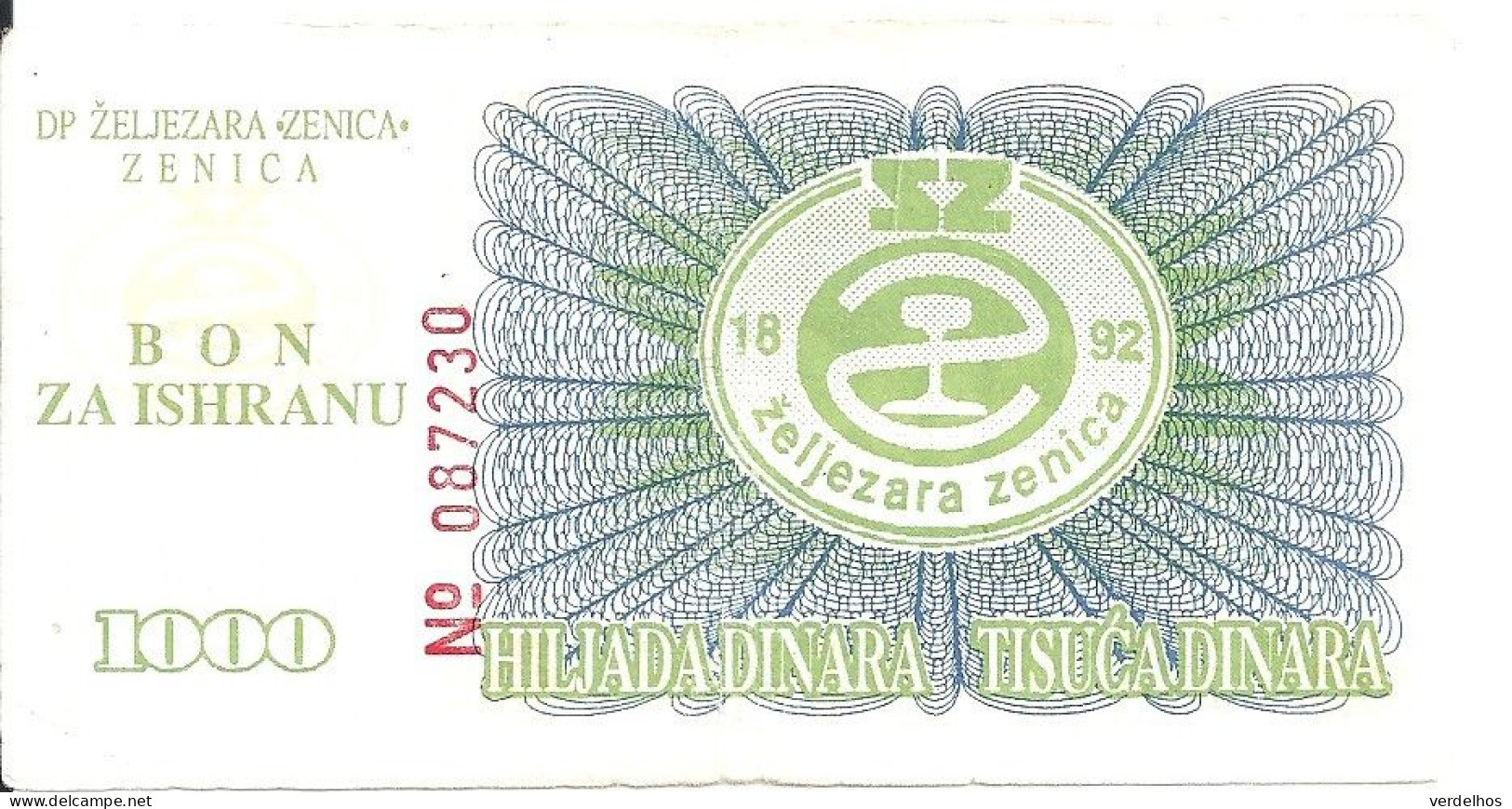 BOSNIE-HERZEGOVINE 1000 DINARA 1992 VF "BON ZA ISHRANU" - Bosnie-Herzegovine