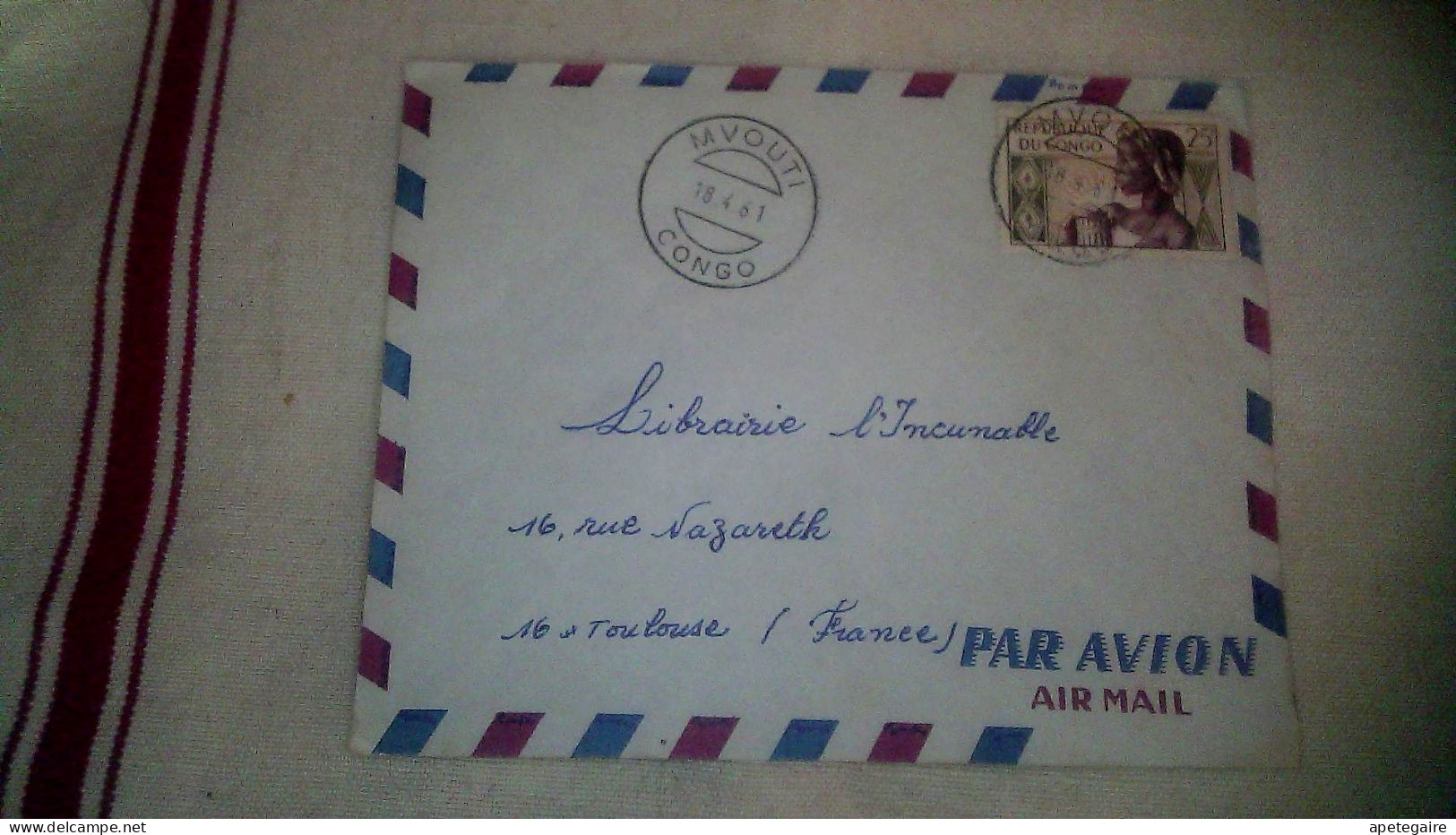 Timbre Congo-Brazzaville  Poste Aérienne Enveloppe  Ayant Voyagée Mvouti (Congo)  / Toulouse 1961 - Used