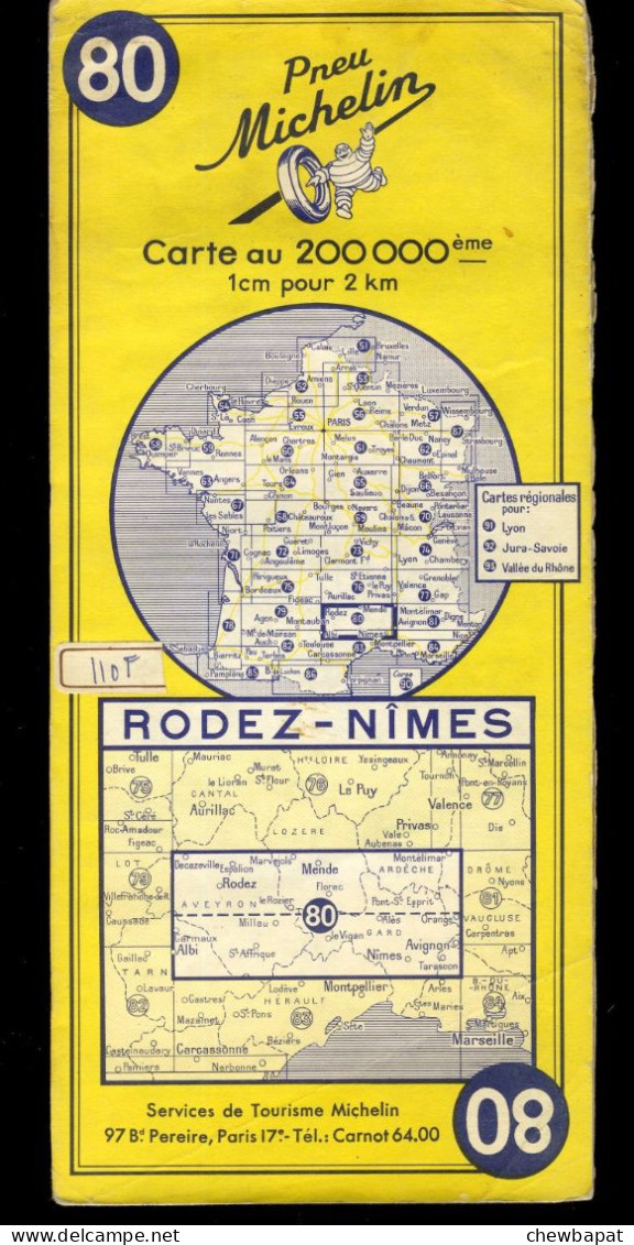 Carte Routière N° 80 Du Pneu Michelin - Rodez - Nîmes - 11 X 25 Cm  - 1955 - Cartes Routières