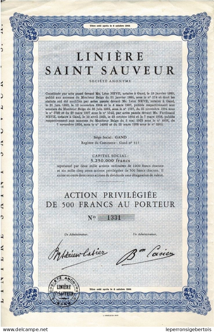Titre Créé Après Le 06/10/1944 - Linière Saint-Sauveur - - Textile
