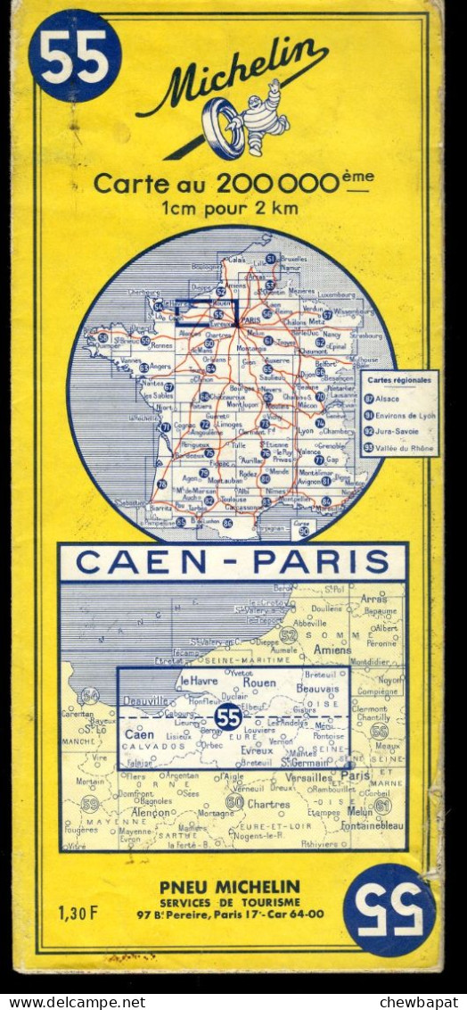 Carte Routière N° 55 Du Pneu Michelin - Caen - Paris - 11 X 25 Cm  - 1963 - Cartes Routières