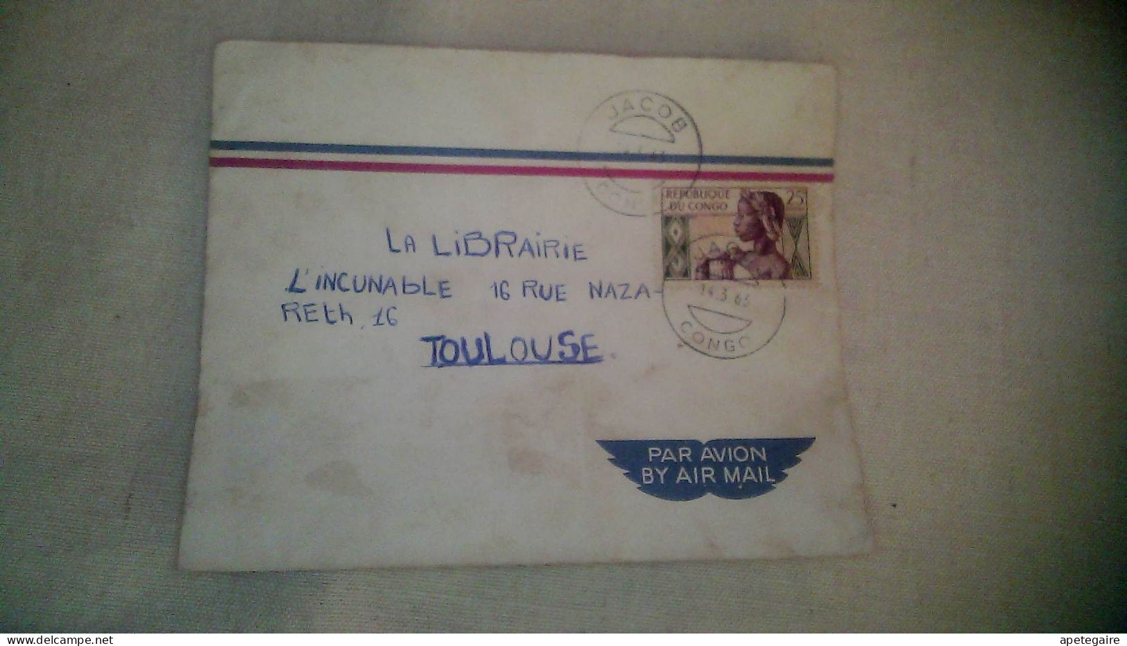 Timbre Congo-Brazzaville  Poste Aérienne Enveloppe  Ayant Voyagée Jacob (Congo) / Toulouse  1963 - Oblitérés