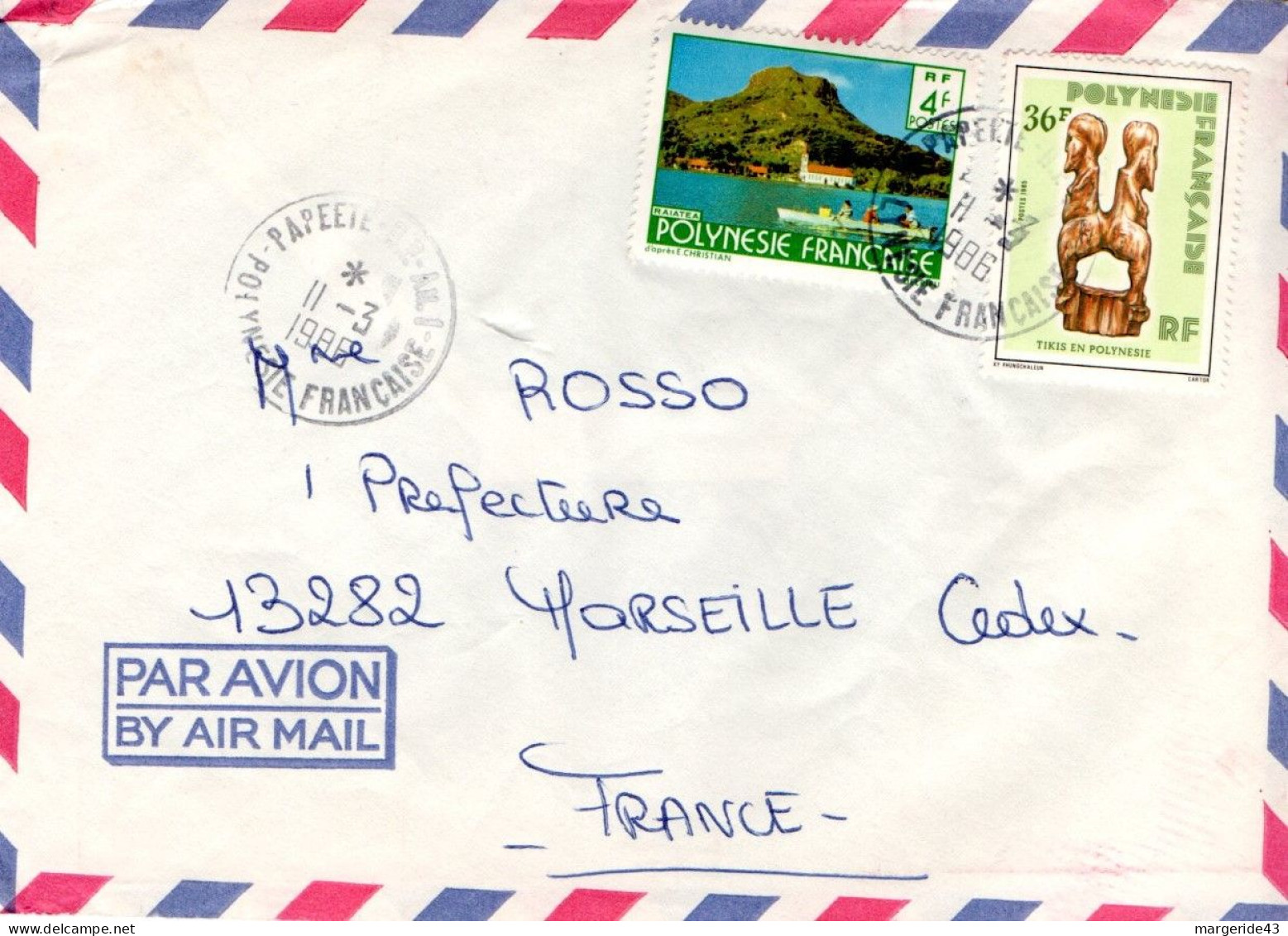 POLYNESIE AFFRANCHISSEMENT COMPOSE SUR LETTRE POUR LA FRANCE 1986 - Storia Postale