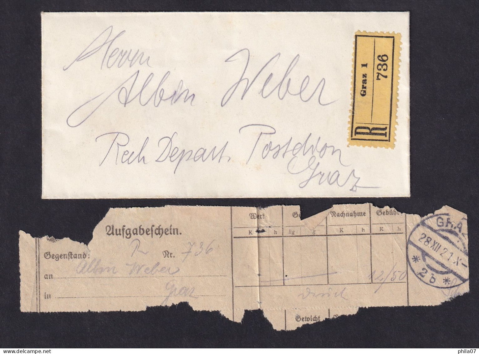 AUSTRIA - Letter Sent By Registered Mail Loco Graz 28.12.1921. Franking On The Back Of Letter With Three Stamps / 3 Scan - Brieven En Documenten