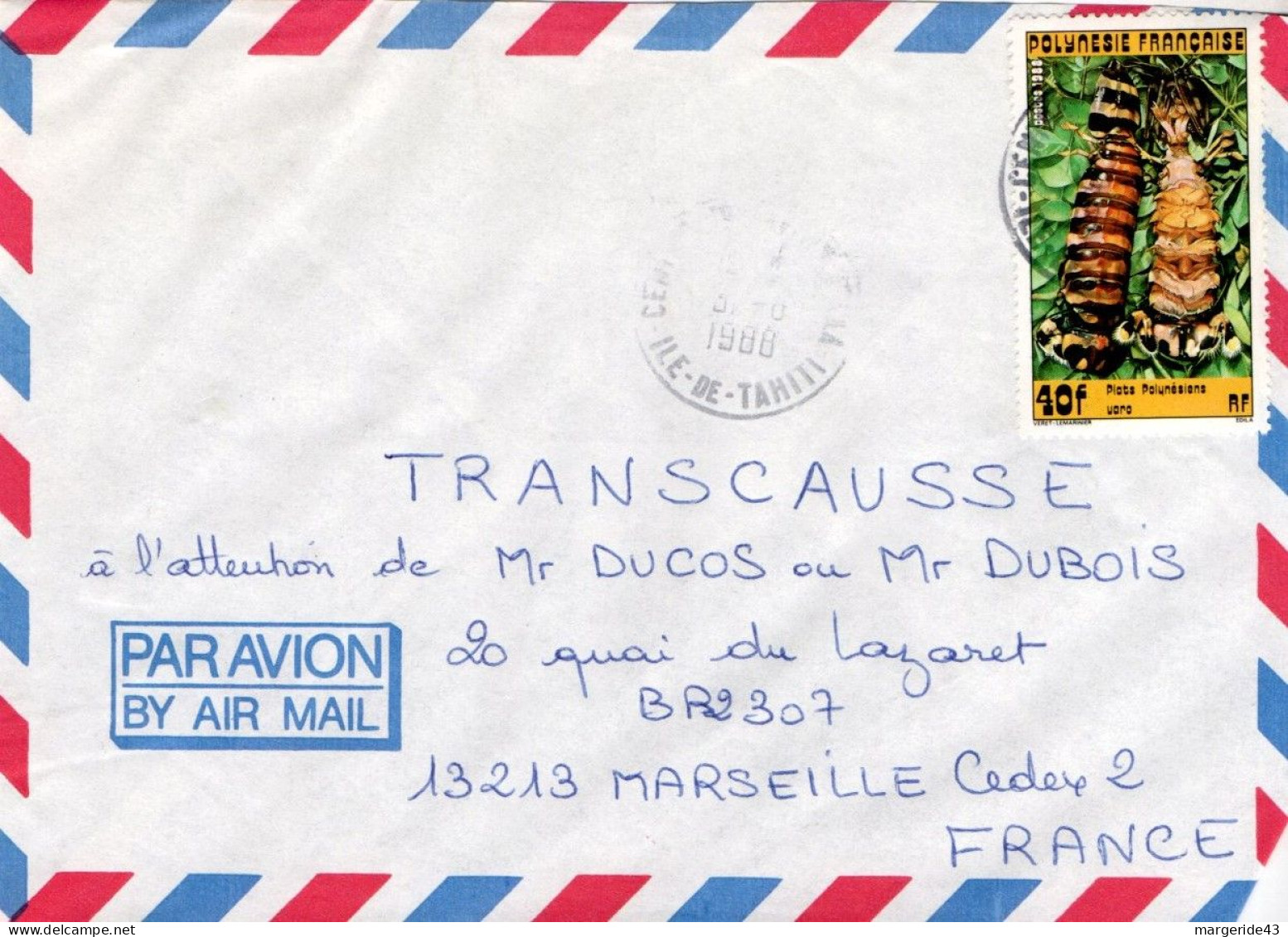 POLYNESIE SEUL SUR LETTRE POUR LA FRANCE 1988 - Cartas & Documentos