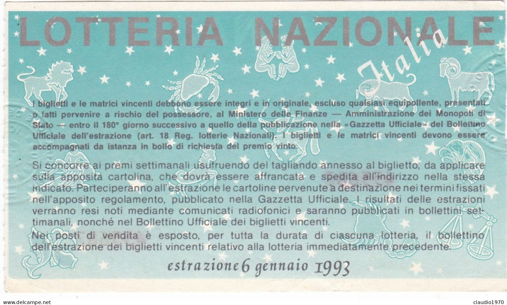 BIGLIETTO DELLA LOTTERIA - NAZIONALE -  ESTAZIONE 6/1/1993 - Biglietti Della Lotteria